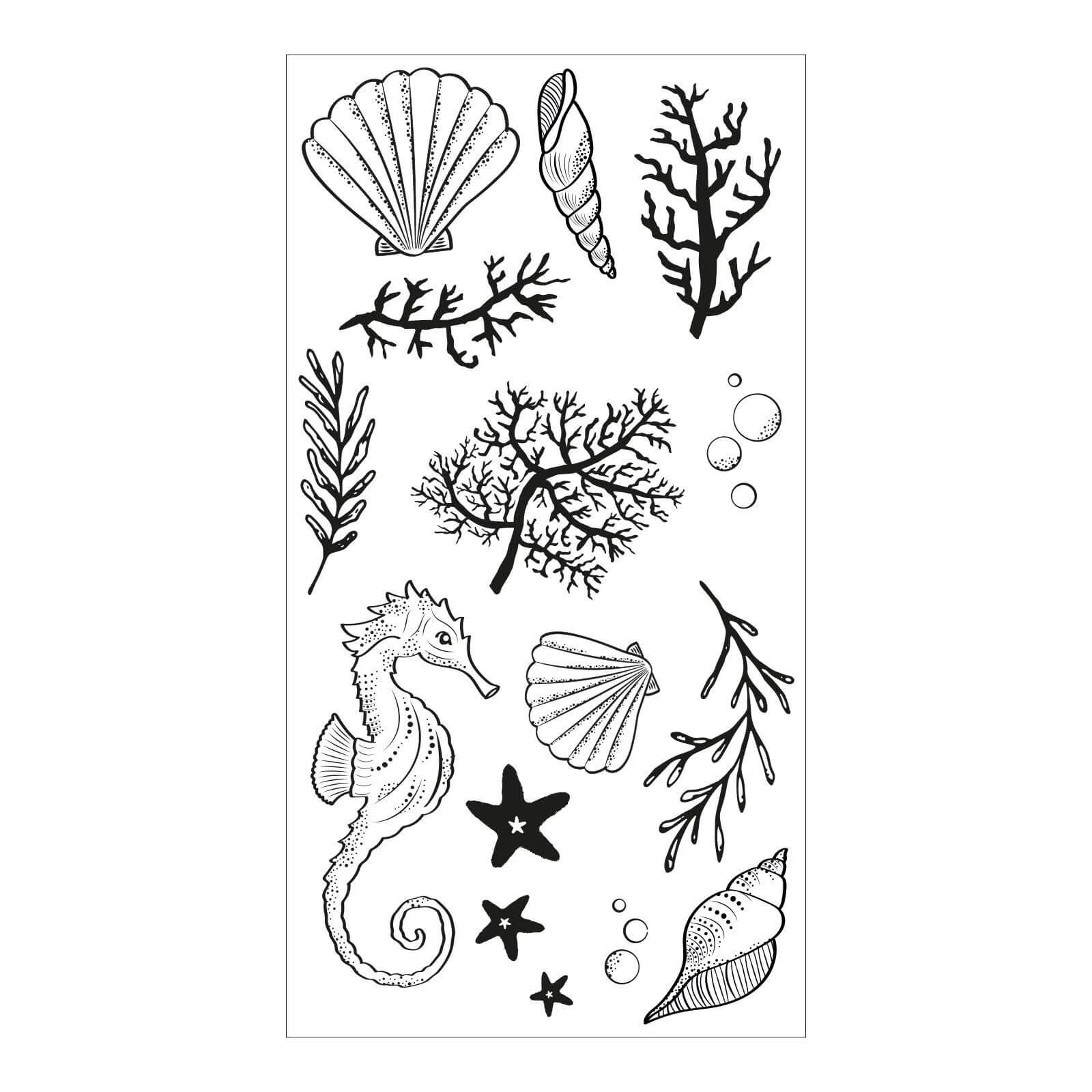 Schwarz-weiße Illustration mit Seepferdchen, Muscheln, Seesternen, Algen, Korallen und Blasen auf weißem Untergrund - ideal für Sizzix 666669 Clear Stamp Set Ocean Elements 15pcs Projekte von Sizzix.