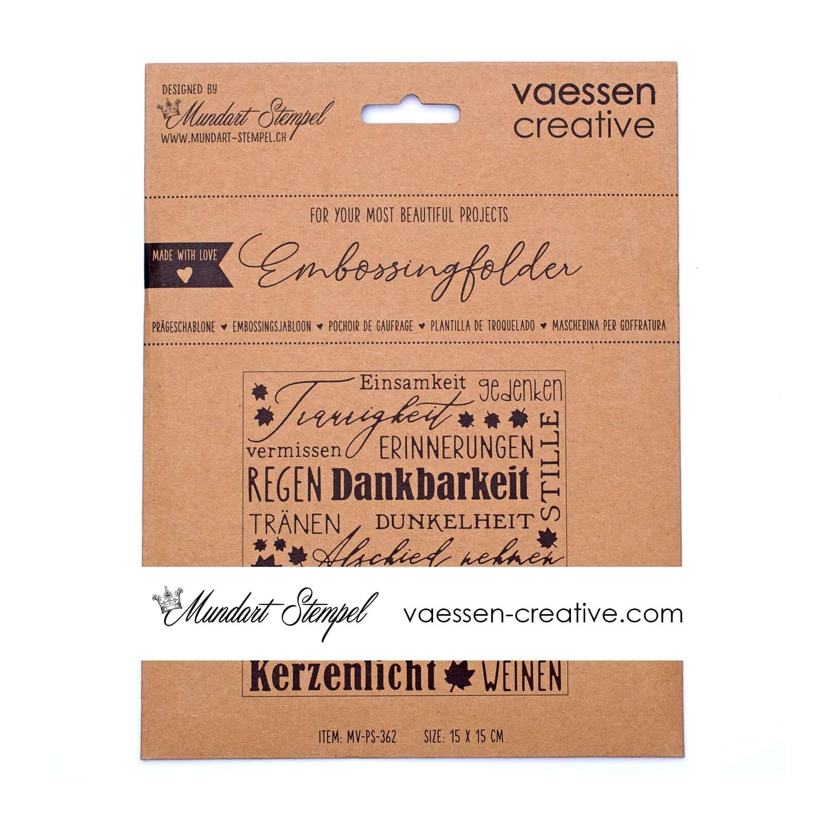 Quadratische braune Verpackung für den Mundart Stempel Prägeschablone "Trost", mit deutschem Text in verschiedenen Schriftarten. Kompatibel mit Sizzix BigShot und anderen Präge- und Stanzmaschinen.