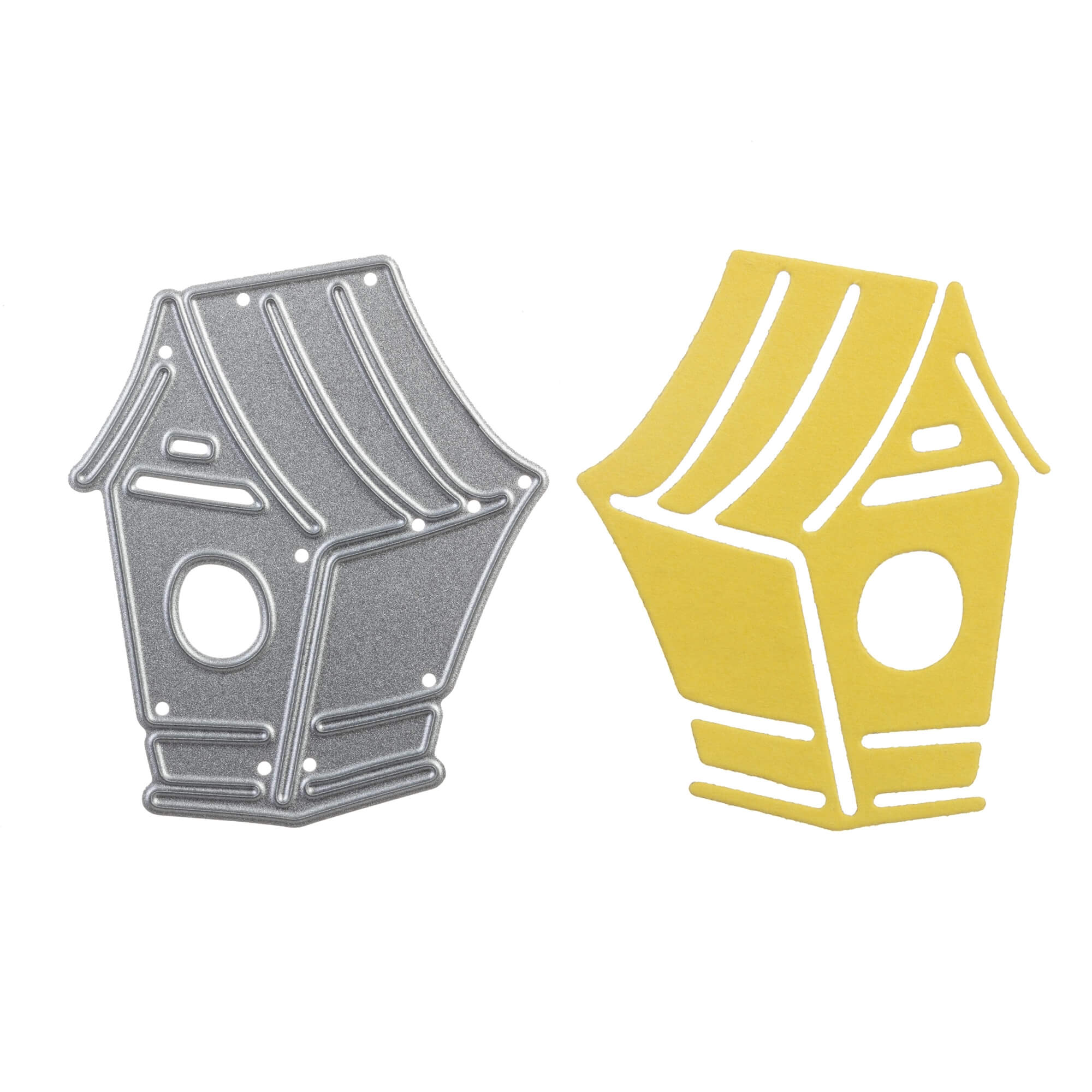 Eine silberne "Stanzschablone: Vogel mit Haus" von Stanzenshop.de und ein gelber Papierausschnitt sind nebeneinander auf weißem Grund abgebildet - ideal für Bastelschablonen-Projekte oder kreative Heimdekoration.