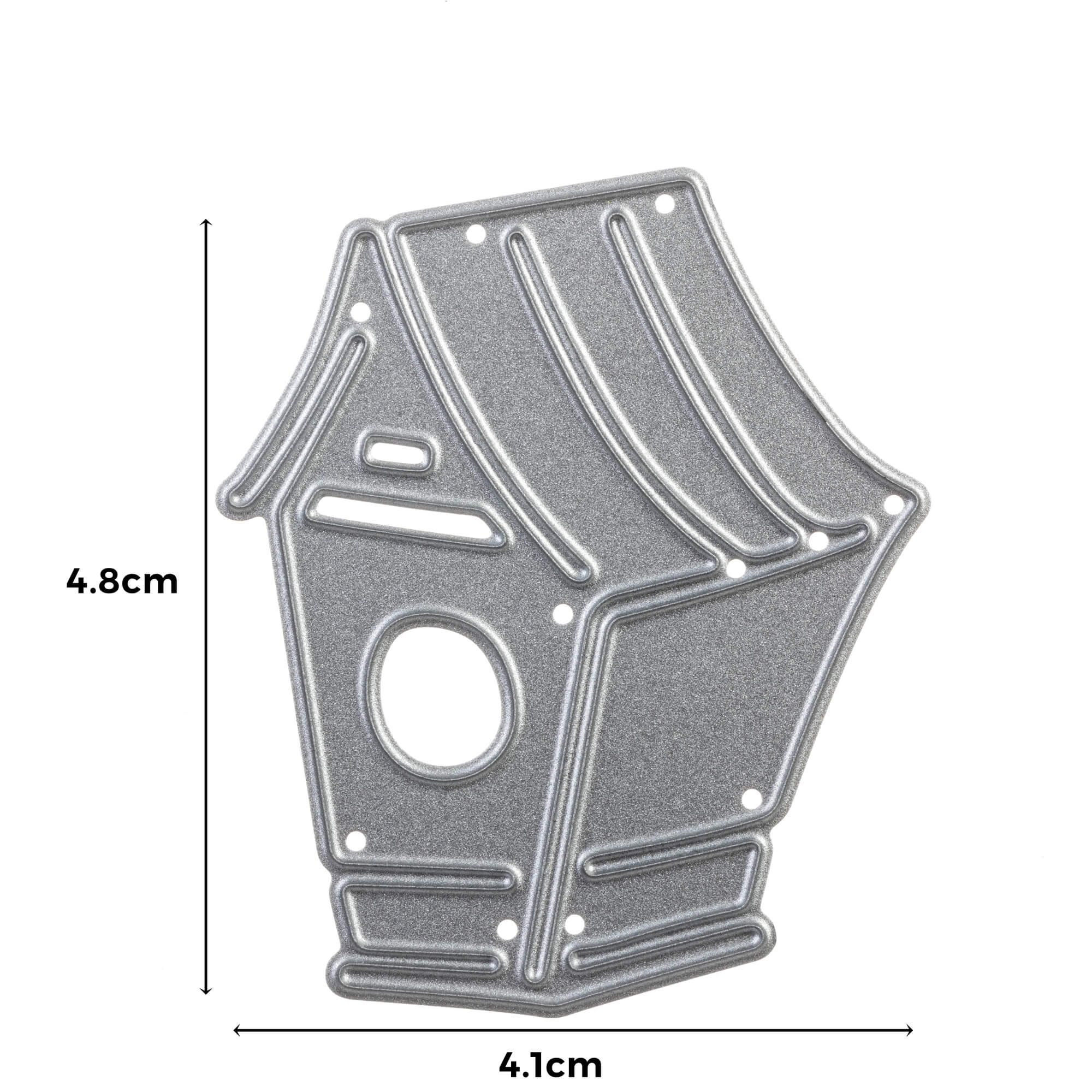 Die "Stanzschablone: Vogel mit Haus" von Stanzenshop.de ist eine Metallschablone in Vogelhaus-Form (4,8 x 4,1 cm), perfekt als Bastelschablone oder für Heimdekoration.