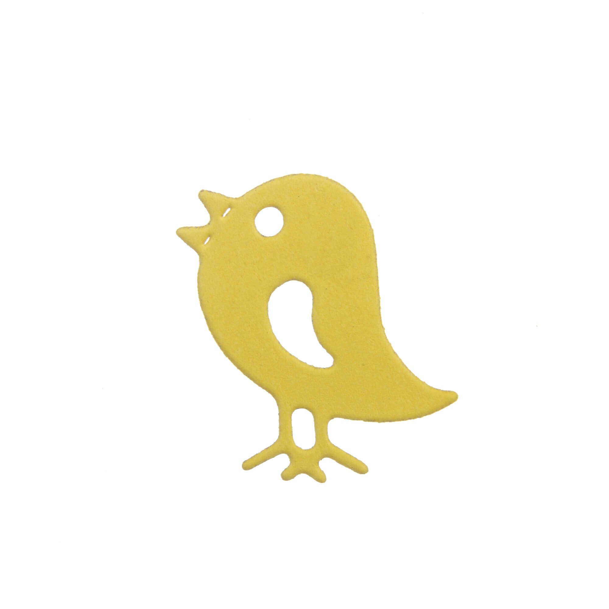 Die "Stanzschablone: Vogel mit Haus" von Stanzenshop.de zeigt eine gelbe Vogelsilhouette mit offenem Schnabel und runden Augen auf weißem Hintergrund - ideal als Bastelschablone für Heimdekoration.