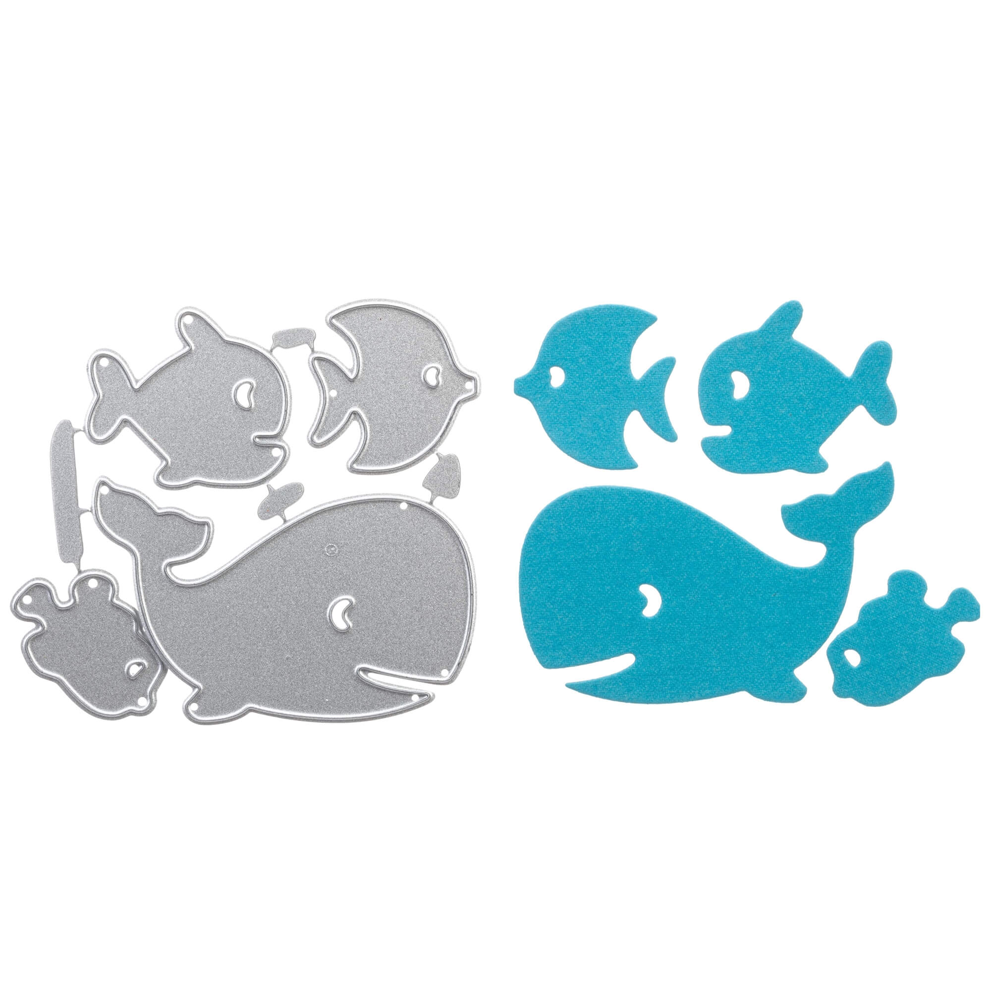 Die Stanzschablone Wal und drei Fische von Stanzenshop.de zeigt ein Wal- und drei Fischdesign mit passenden blauen Ausschnitten - ideal für Scrapbooking und kreative Bastelprojekte.