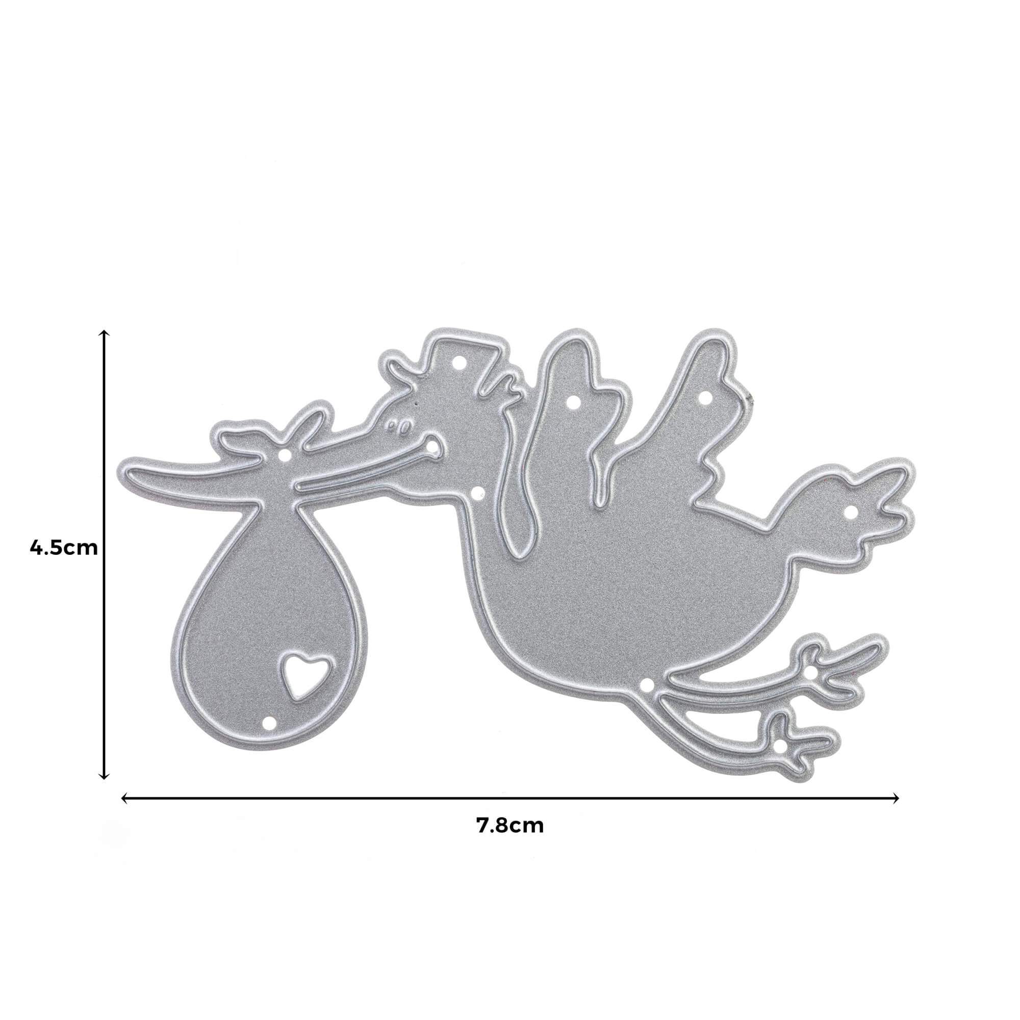 Die Stanzschablone Storch mit Beutel im Schnabel von Stanzenshop.de ist eine silberne Metallstanze in Form eines Storchs mit Bündel, die 4,5 cm x 7,8 cm groß ist - ideal für Scrapbooking- und Bastelprojekte.