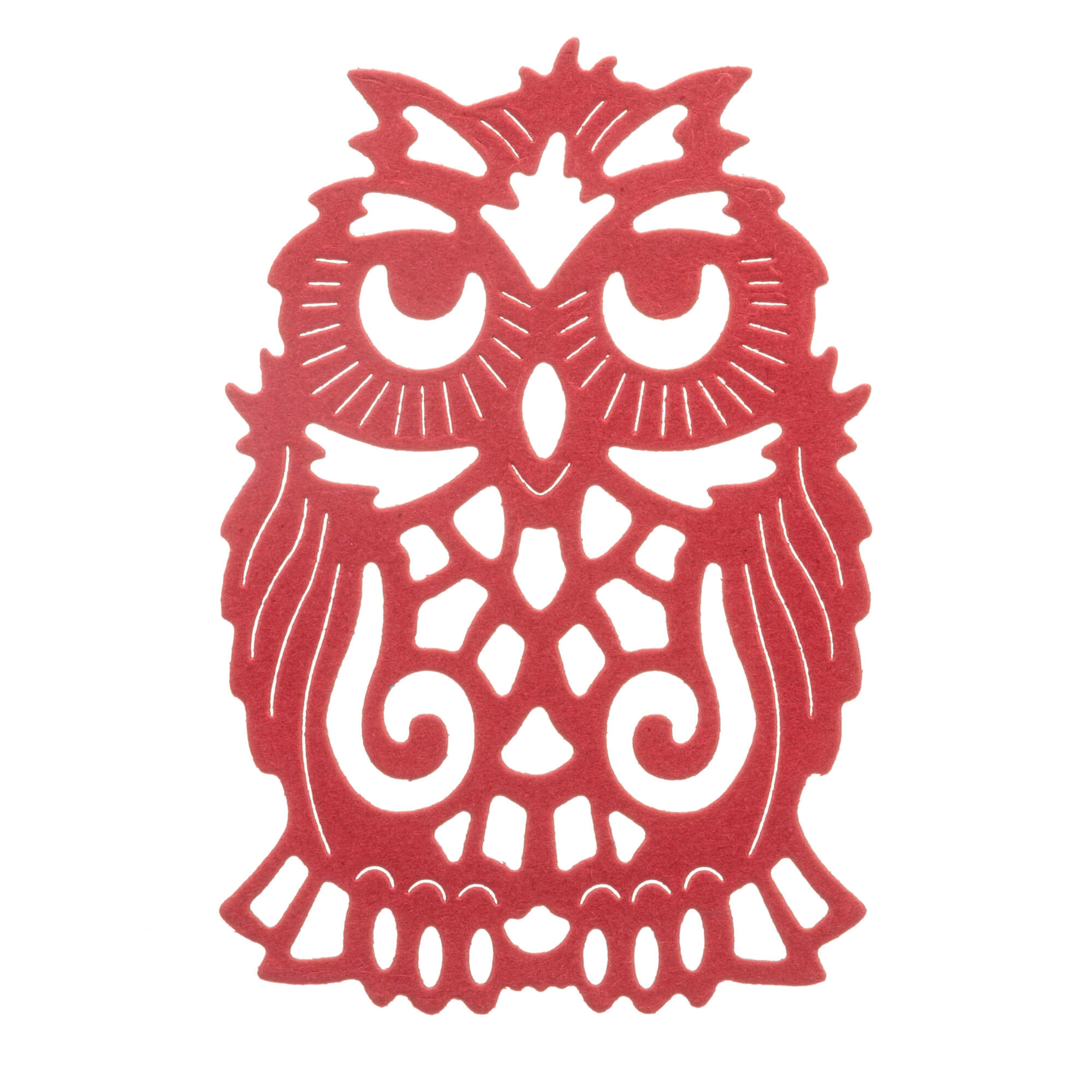 Die "Stanzschablone: Eule" von Stanzenshop.de besticht durch ihr rotes, ornamentales Eulenmotiv mit filigranen Mustern - ideal als Bastelschablone oder für Scrapbooking-Projekte.