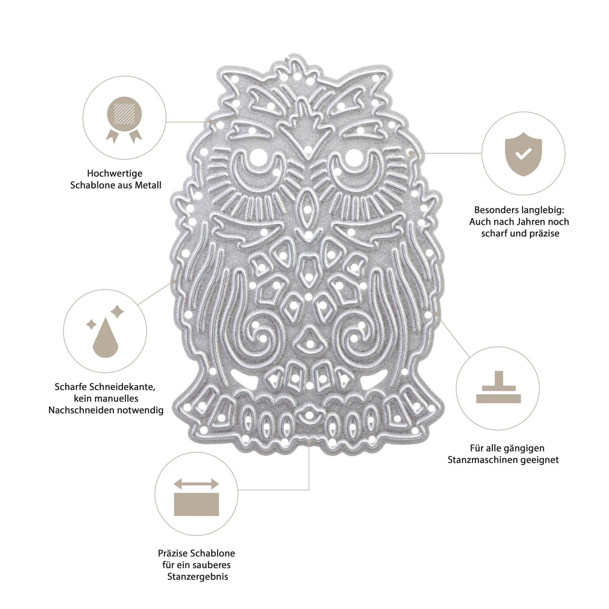 Die Stanzenshop.de Stanzschablone: Eule, eine Metallic-Eulenstanze, wird in der Mitte mit deutschem Text und Symbolen gezeigt, die ihre Haltbarkeit, ihre scharfen Kanten und ihre Kompatibilität mit gängigen Stanzmaschinen hervorheben - ideal für Scrapbooking.