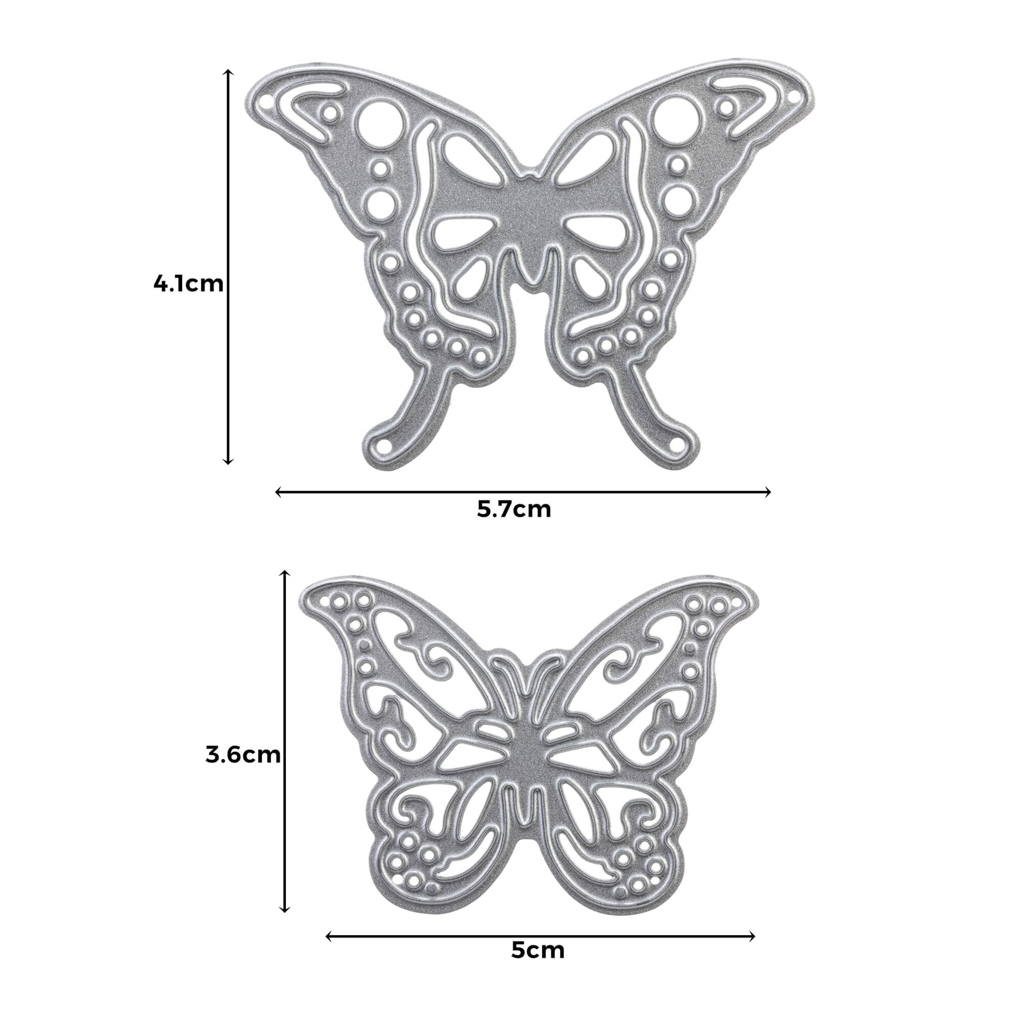 Stanzschablone: Zwei Schmetterlinge von Stanzenshop.de - zwei silberne Schmetterlings-Die Cuts (oben: 4,1cm x 5,7cm; unten: 3,6cm x 5cm), ideal für Scrapbooking und Basteln.