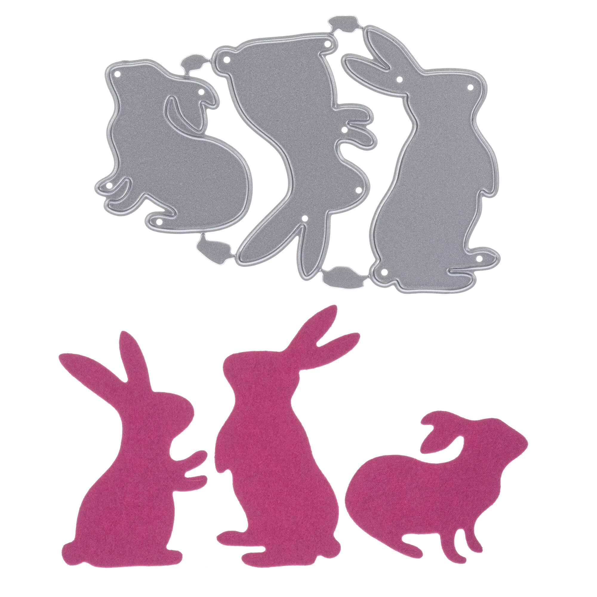 Die "Stanzschablone: Drei verschiedene Kaninchen" von Stanzenshop.de besteht aus drei Metallhasenstempeln und drei rosa Hasenausschnitten - ideal für Basteln zu Ostern - auf weißem Hintergrund.