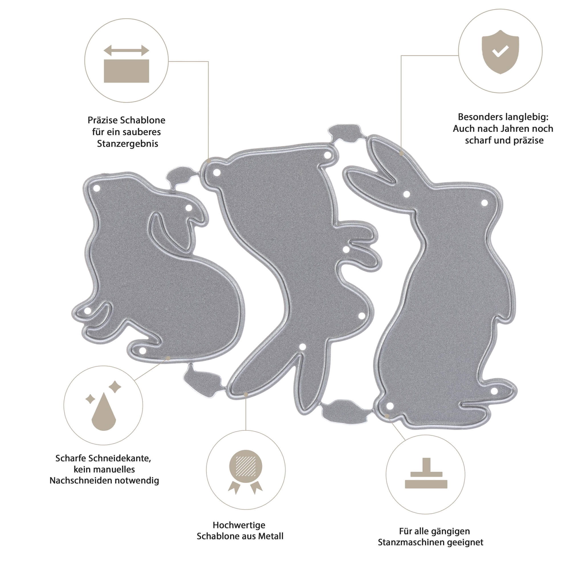 Drei verschiedene Kaninchen-Stanzschablonen von Stanzenshop.de mit scharfen Kanten, langlebig und kompatibel mit allen gängigen Die-Cut-Maschinen - ideal zum Basteln zu Ostern.