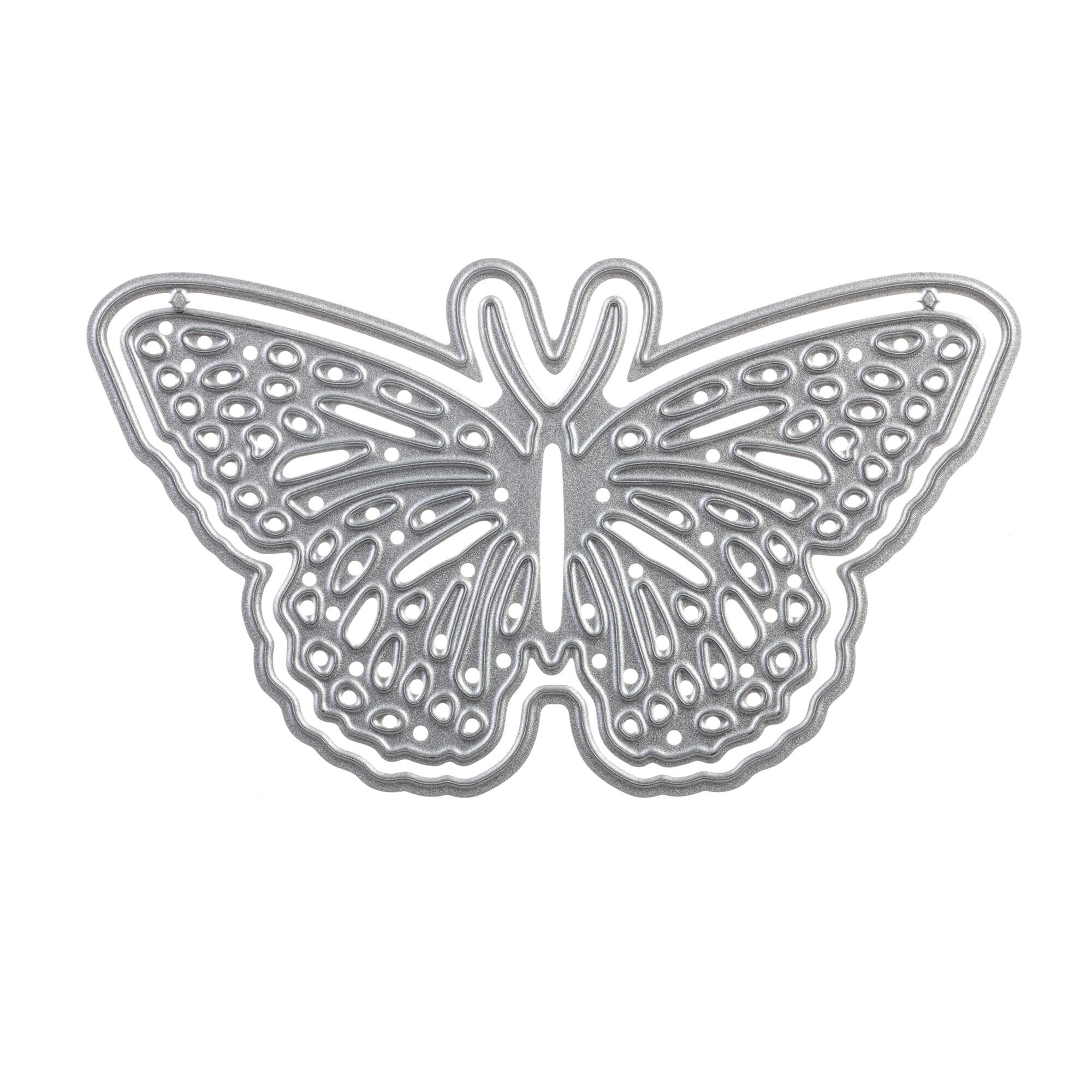 Die Stanzschablone Schmetterling mit extra Umriss von Stanzenshop.de aus silbernem Metall überzeugt mit filigranem Muster und symmetrischen Flügeln, perfekt zum Basteln, Scrapbooking und kompatibel mit gängigen Stanzmaschinen.