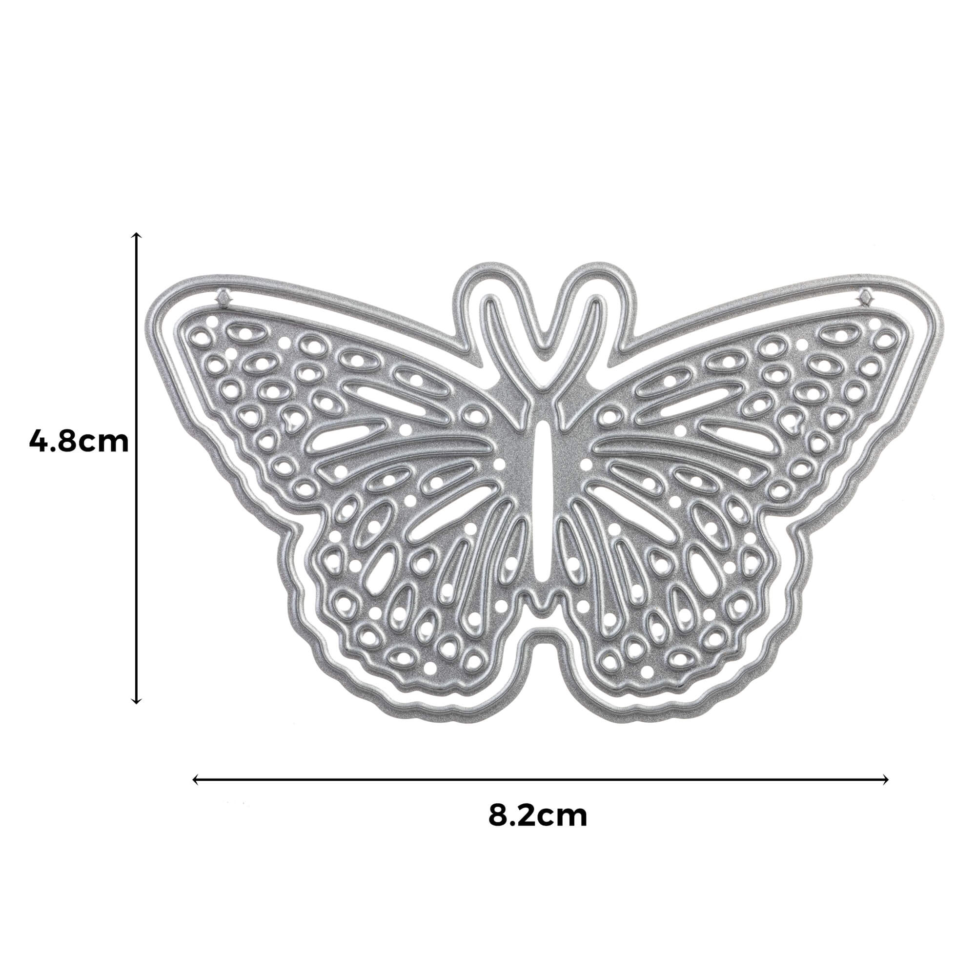 Die Stanzschablone Schmetterling mit extra Umriss von Stanzenshop.de aus Metall ist 4,8 cm hoch und 8,2 cm breit, filigran gestanzt, stanzmaschinen-kompatibel - ideal zum Basteln.