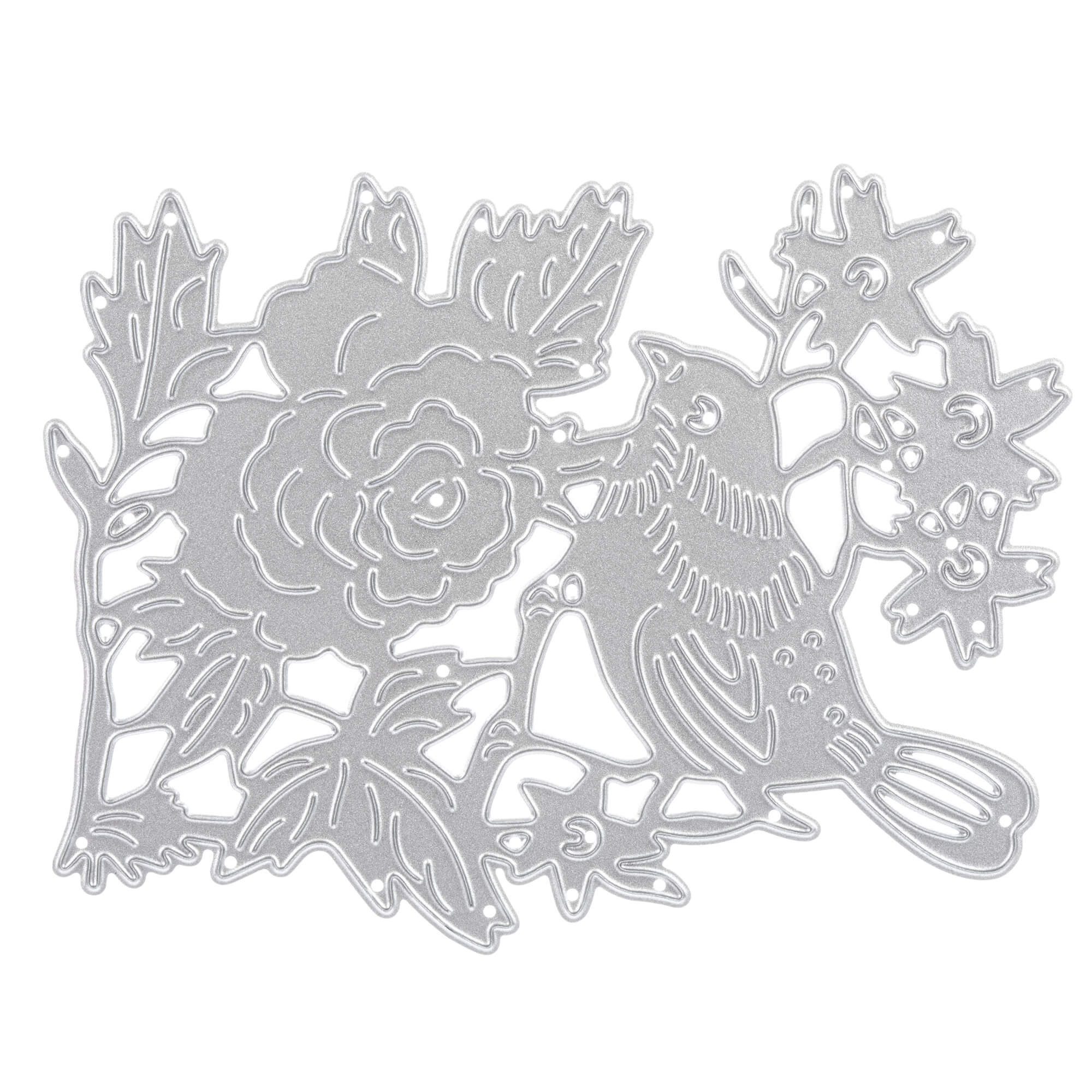 Die Stanzschablone: Vogel auf einem Ast mit Blüten von Stanzenshop.de ist eine silberne Metallstanze eines Vogels auf einem Ast mit Blüten, ideal für Scrapbooking und kreative Projekte.