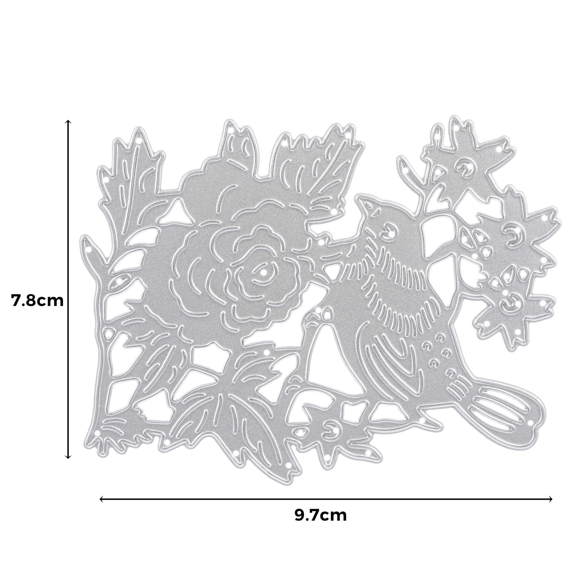 Stanzschablone: Vogel auf einem Ast mit Blüten von Stanzenshop.de, eine silberne Metallstanze in Form eines Vogels mit Blüten, mit den Maßen 7,8x9,7 cm - perfekt für Scrapbooking und auf einem weißen Hintergrund.