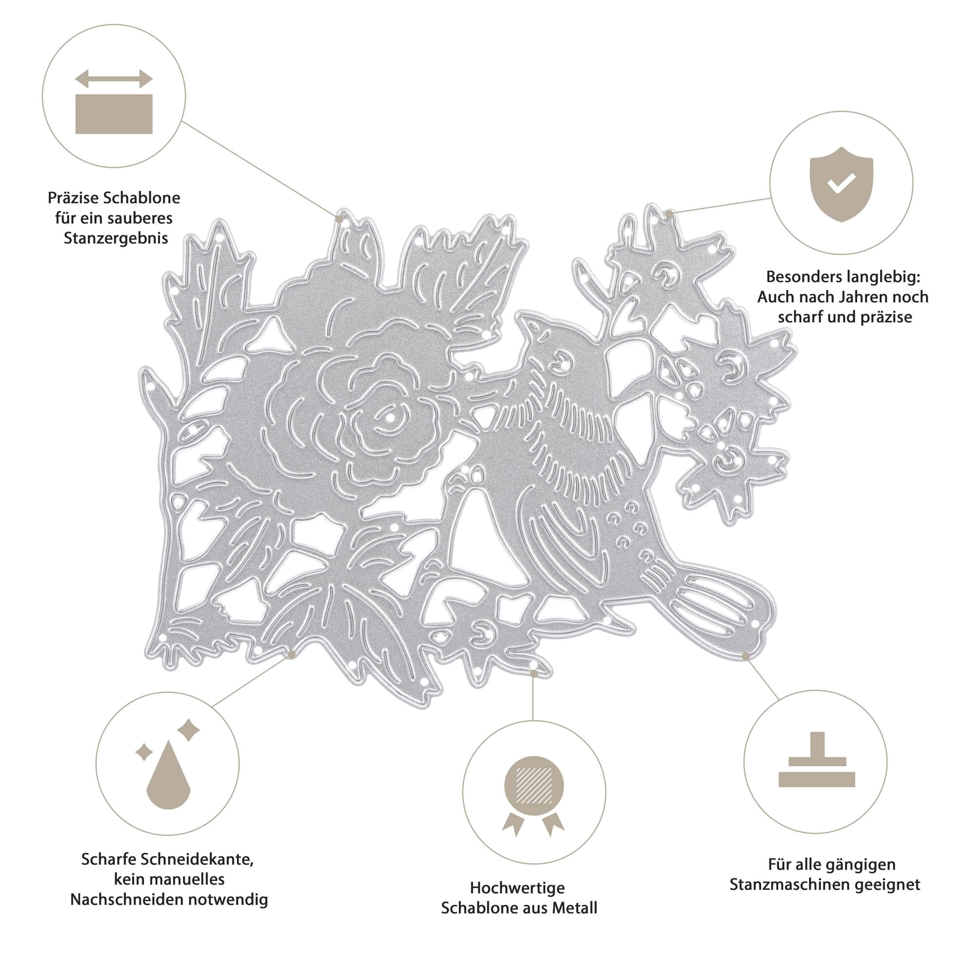 Die Stanzschablone "Vogel auf einem Ast mit Blüten" von Stanzenshop.de besticht durch ihr detailreiches, langlebiges Design und ist kompatibel mit gängigen Maschinen - ideal für Scrapbooking-Liebhaber.