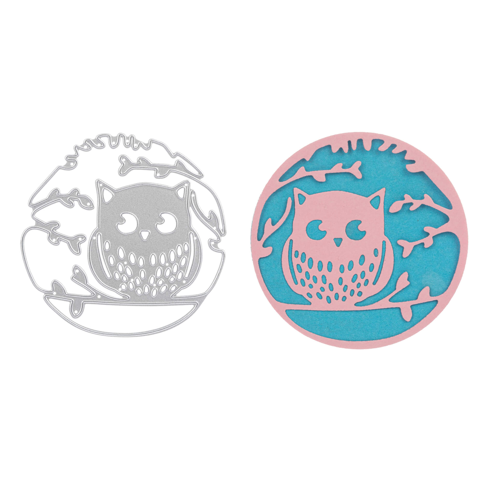 Die Stanzschablone "Eule auf einem Ast" von Stanzenshop.de und ein pink-blaues Papiermotiv zeigen beide eine Eule auf einem Ast im runden Rahmen.