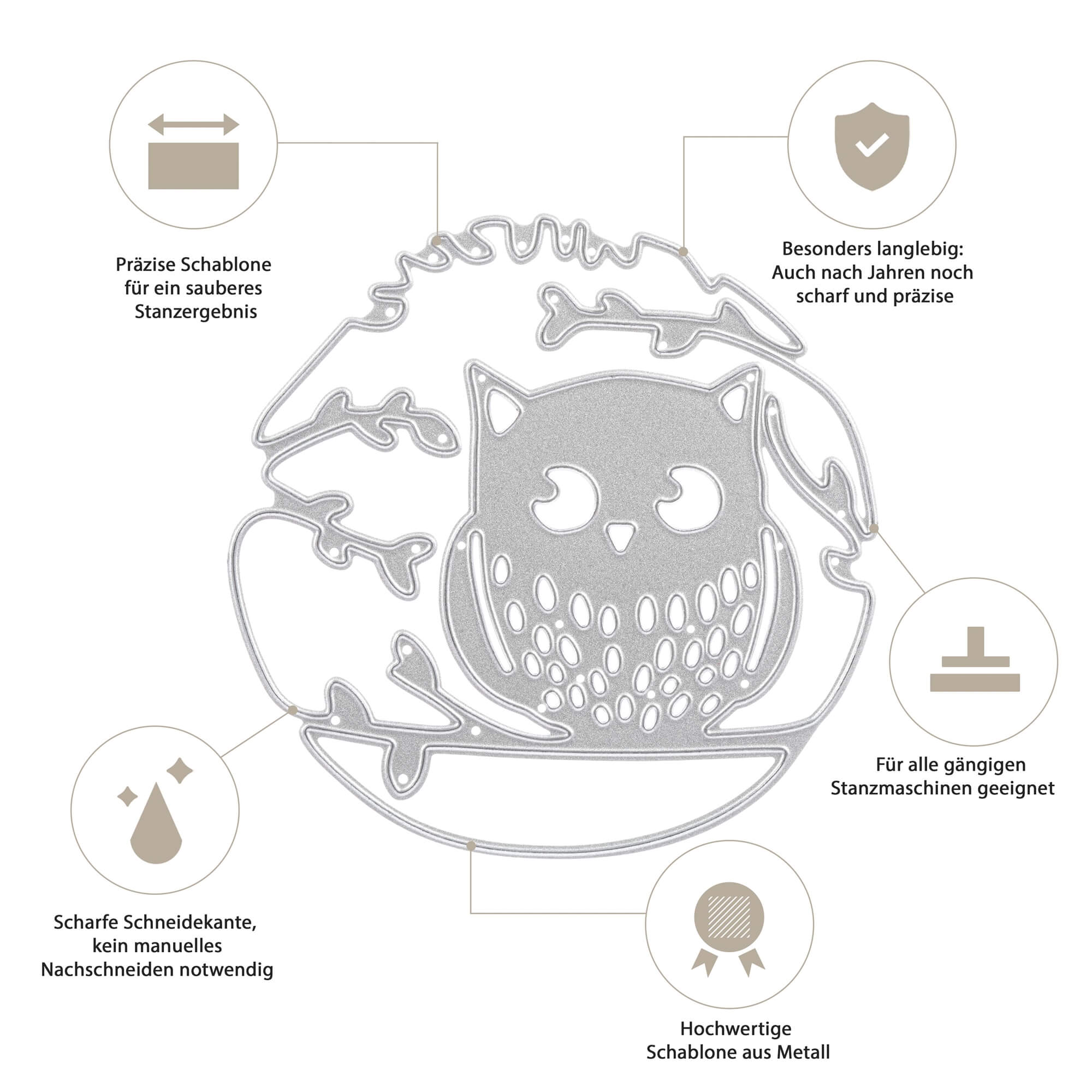 Die Stanzschablone "Eule auf einem Ast" von Stanzenshop.de überzeugt durch Präzision, Haltbarkeit, Kompatibilität, Schärfe und hochwertiges Metall - ideal für detailreiches Basteln.