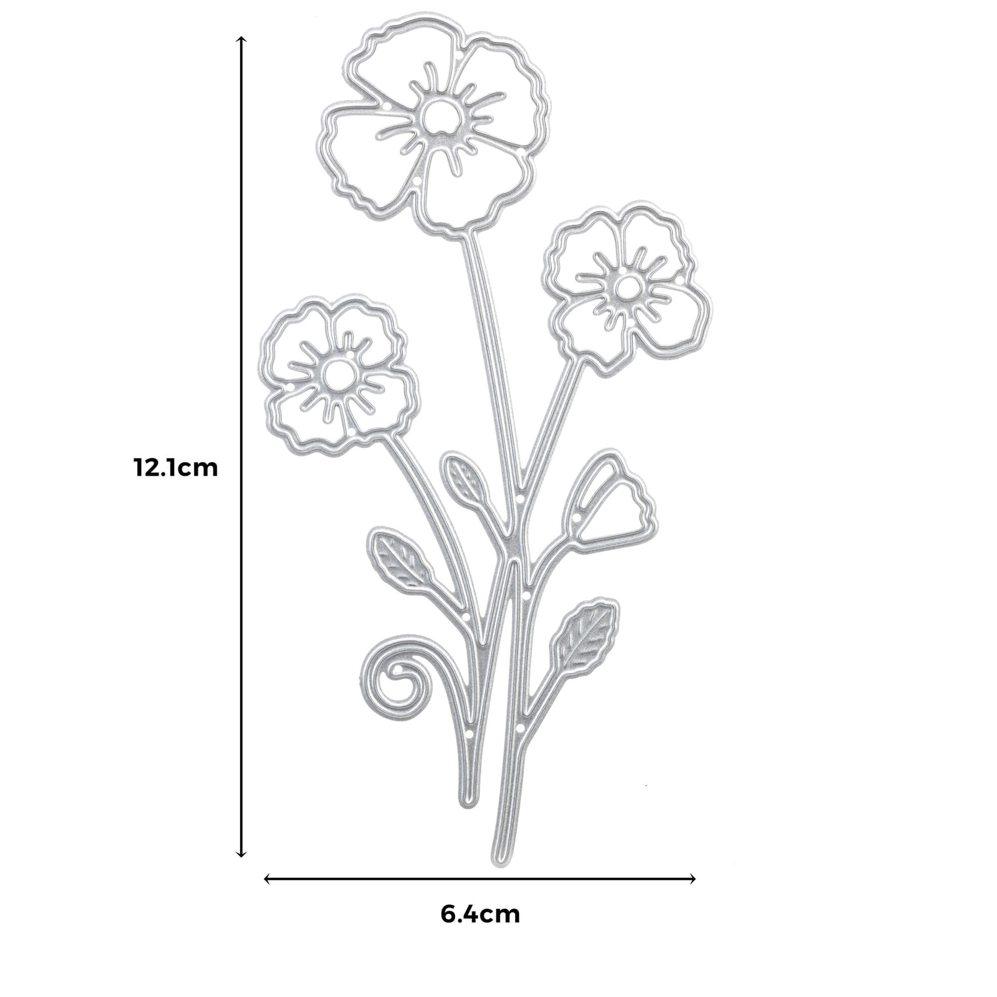 Die Stanzschablone Blume mit drei Blüten von Stanzenshop.de ist eine Metallstanzform für Basteln, die drei Blumen mit Blättern zeigt. Sie misst 12,1 cm x 6,4 cm und ist auf einem weißen Hintergrund abgebildet.