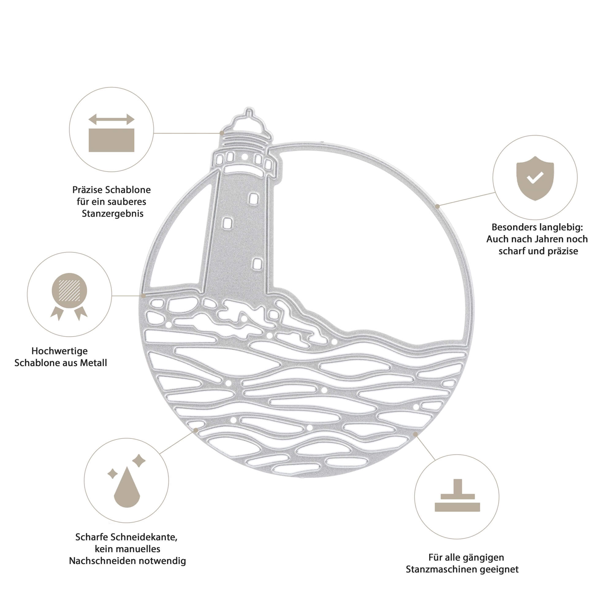 Die "Stanzschablone Leuchtturm und Meer in rundem Rahmen" von Stanzenshop.de überzeugt mit präziser Verarbeitung, langlebigem Material, scharfen Kanten und ist ideal kompatibel mit gängigen Stanzmaschinen - perfekt für Basteln & Scrapbooking.