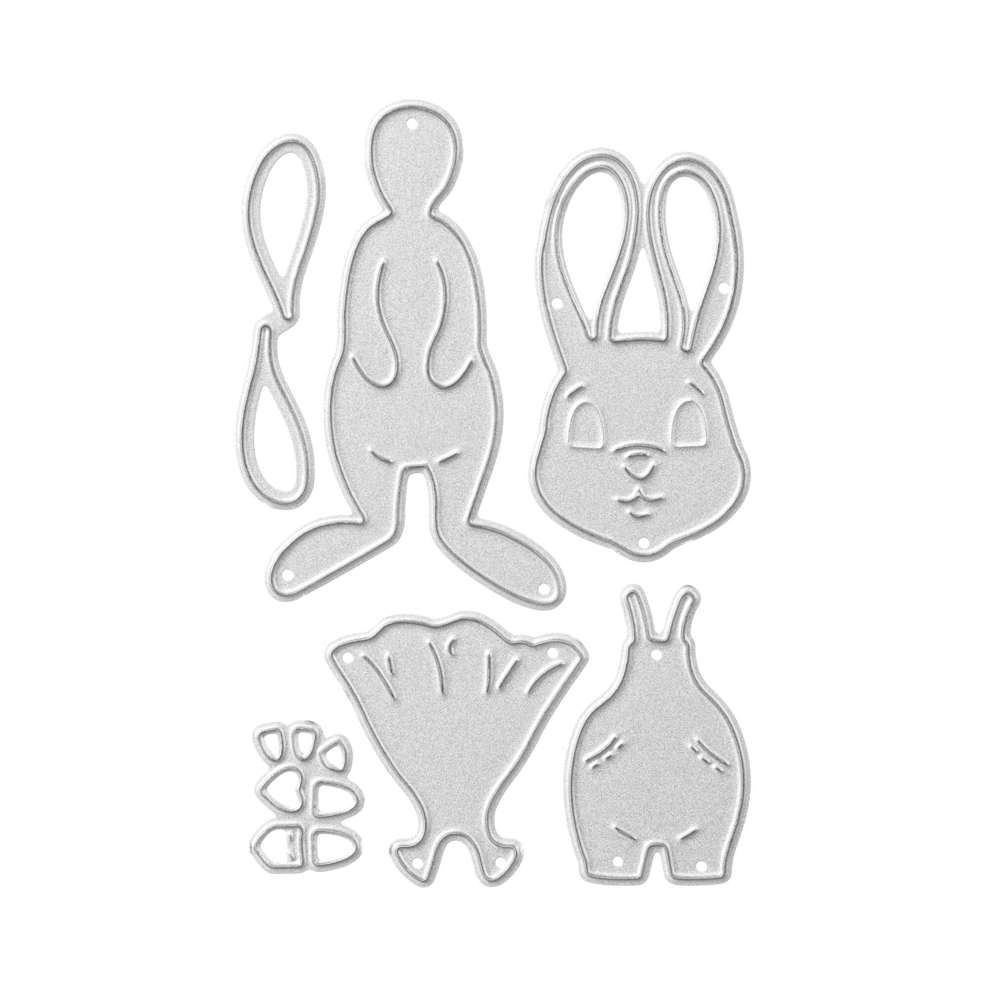 Die Stanzenshop.de Stanzschablone: Bastelset Osterhase enthält Stanzteile für einen Hasenkörper, einen Kopf mit Ohren, einen Overall, Pfoten und eine Fliege - ideal für Scrapbooking oder zum Basteln eigener Osterhasenkreationen.