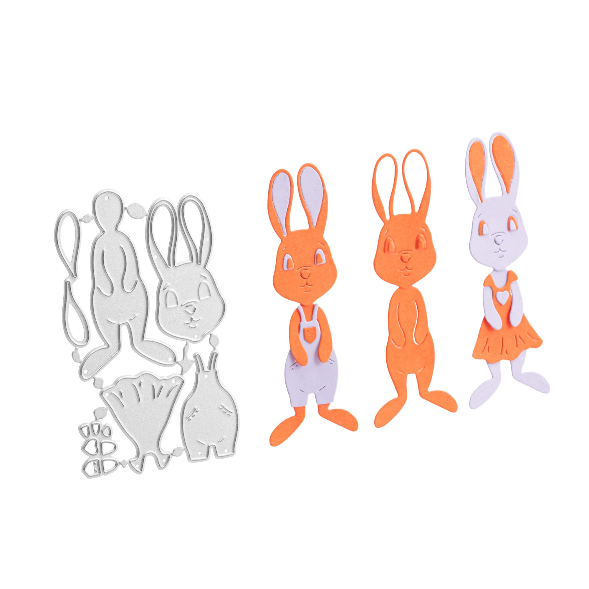 Auf der linken Seite sind die Stanzschablone von Stanzenshop.de zu sehen: Bastelset Osterhase, rechts drei fertige orange- und lilafarbene Hasen aus Papier für Scrapbooking- oder Osterprojekte.