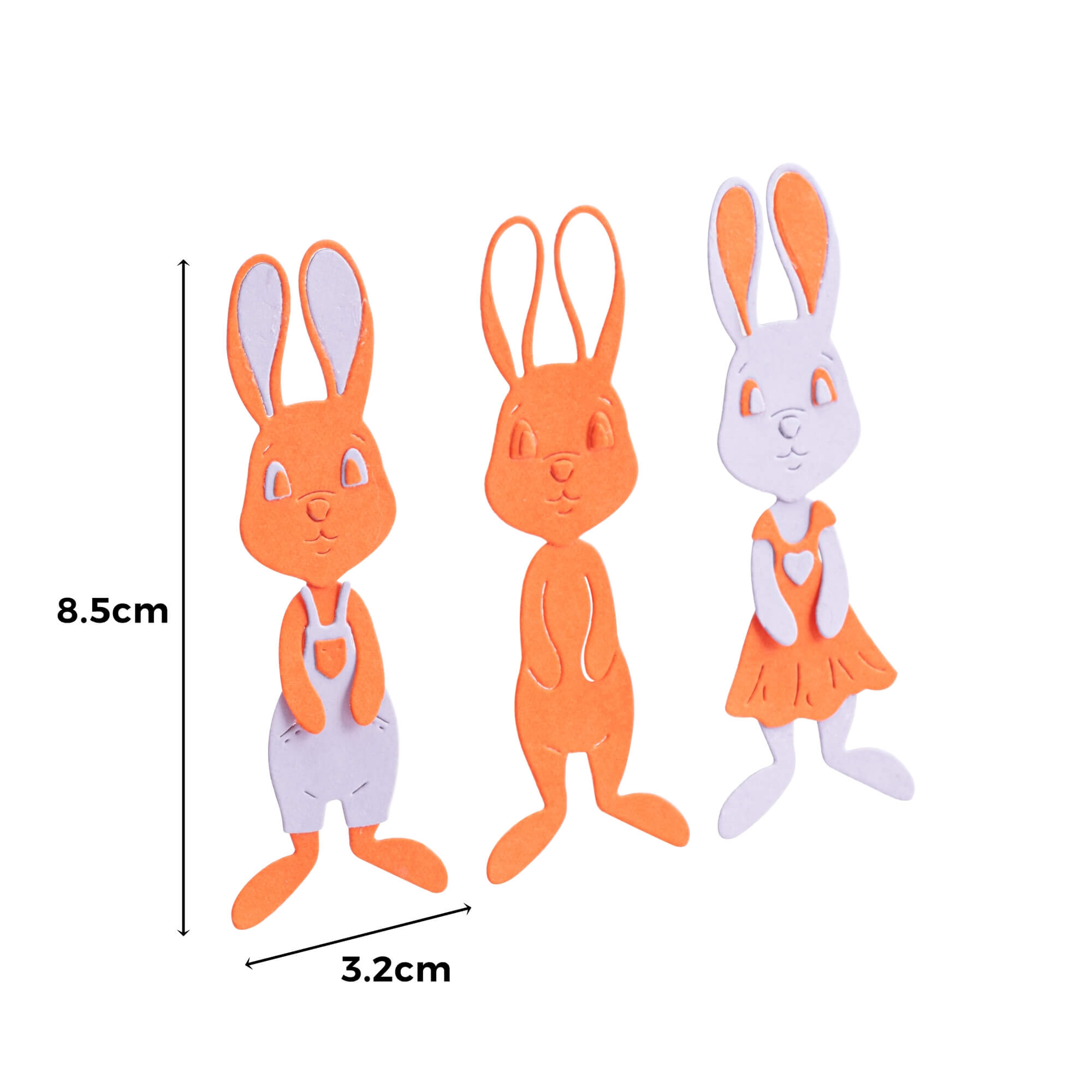 Die Stanzschablone: Bastelset Osterhase von Stanzenshop.de enthält drei Cartoon-Hasenausschnitte (zwei orange, einer weiß) in verschiedenen Posen, jeweils ideal für Scrapbooking; einer ist 8,5 cm hoch und 3,2 cm breit.