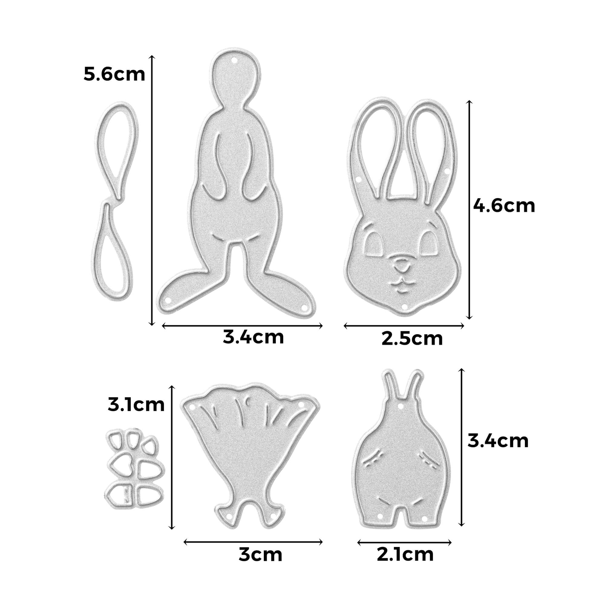 Stanzschablone: Das Bastelset Osterhase von Stanzenshop.de bietet sechs silberne, gestanzte Formen aus Metall, die jeweils in Zentimetern beschriftet sind und Kaninchenteile und Zubehör zeigen - perfekt für Scrapbooking- und Bastelprojekte.