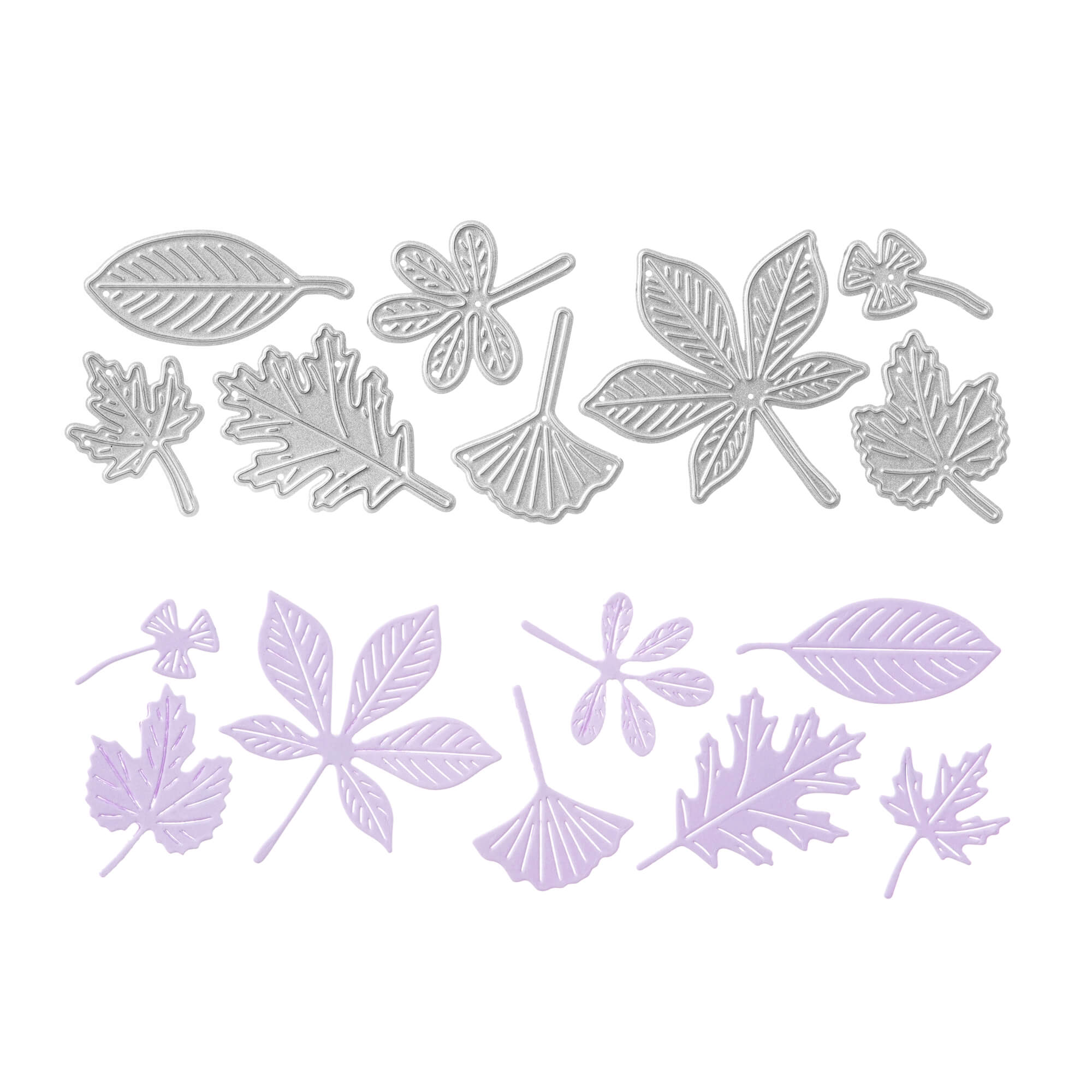 Die "Stanzschablone: Acht Blätter als einzelne Stanzen" von Stanzenshop.de zeigt blattförmige Stanzformen aus Metall für Scrapbooking und Basteln, die über passenden lilafarbenen Papierausschnitten auf weißem Hintergrund zu sehen sind.