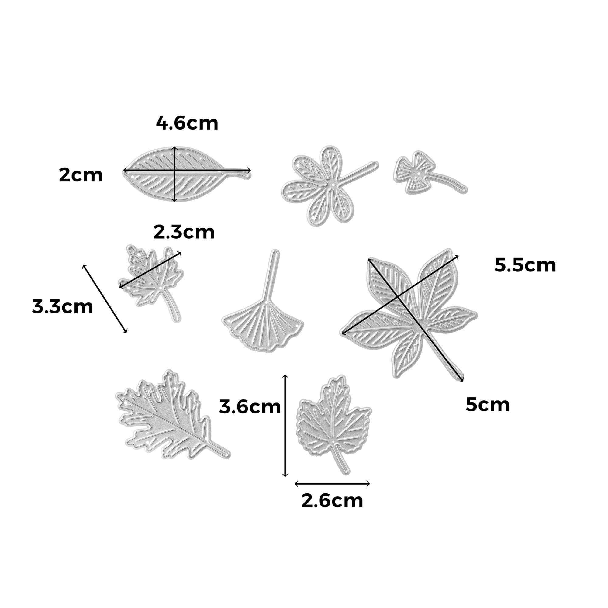 Die Stanzschablone "Acht Blätter als einzelne Stanzen" von Stanzenshop.de besteht aus acht Metallblättern mit beschrifteten cm-Maßen, angeordnet auf weißem Untergrund - ideal zum Basteln oder Scrapbooking, jedes Blatt einzigartig in Form und Größe.