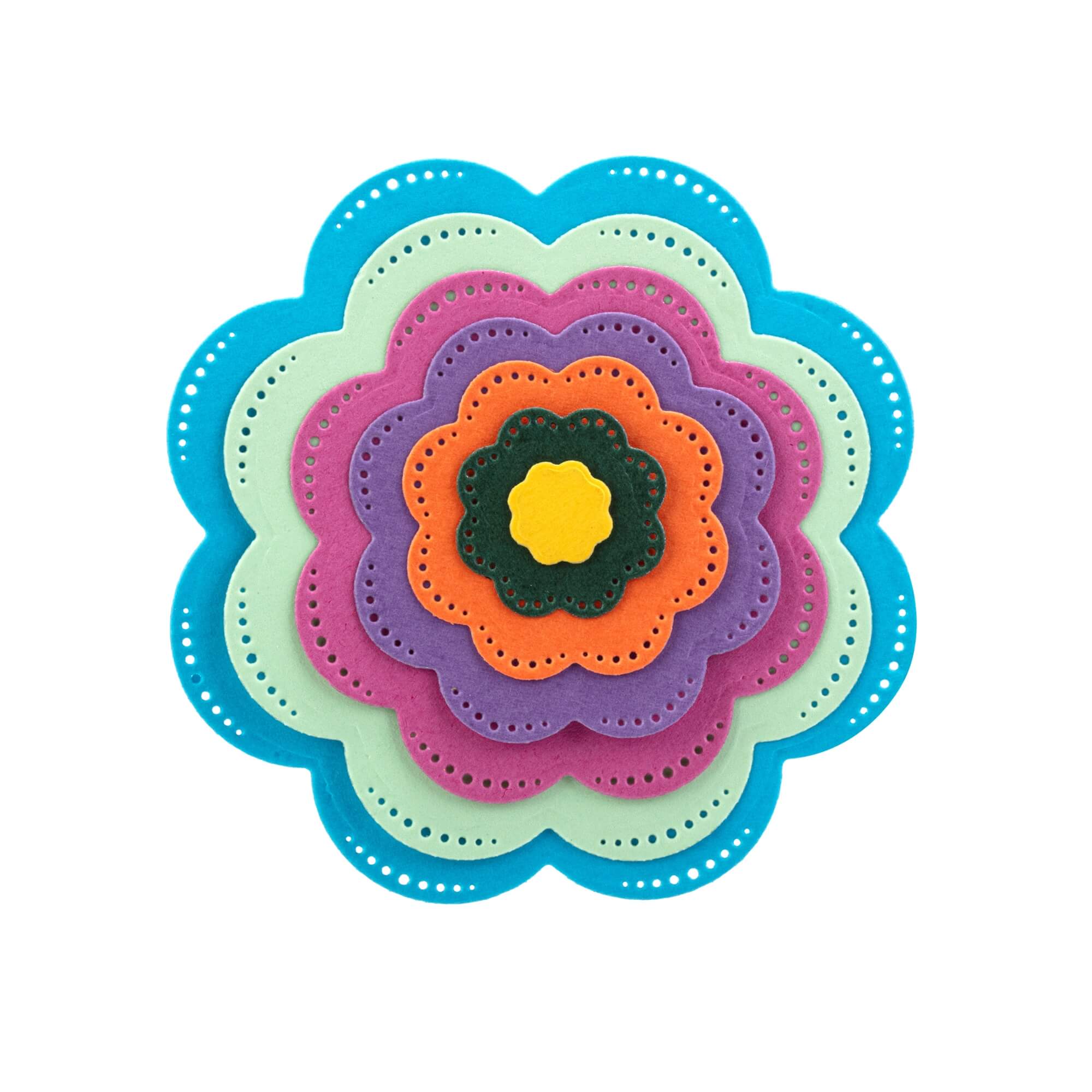 Mit der "Stanzschablone. Blumenblüten in sieben verschiedenen Größen" von Stanzenshop.de können Sie einen bunten, blütenförmigen Ausschnitt gestalten: Blumenblüten in sieben verschiedenen Größen" von Stanzenshop.de-ideal für Basteln oder Scrapbooking, mit blauen, mintfarbenen, lila, orangen, schwarzen und gelben Lagen und dekorativen Randlöchern.