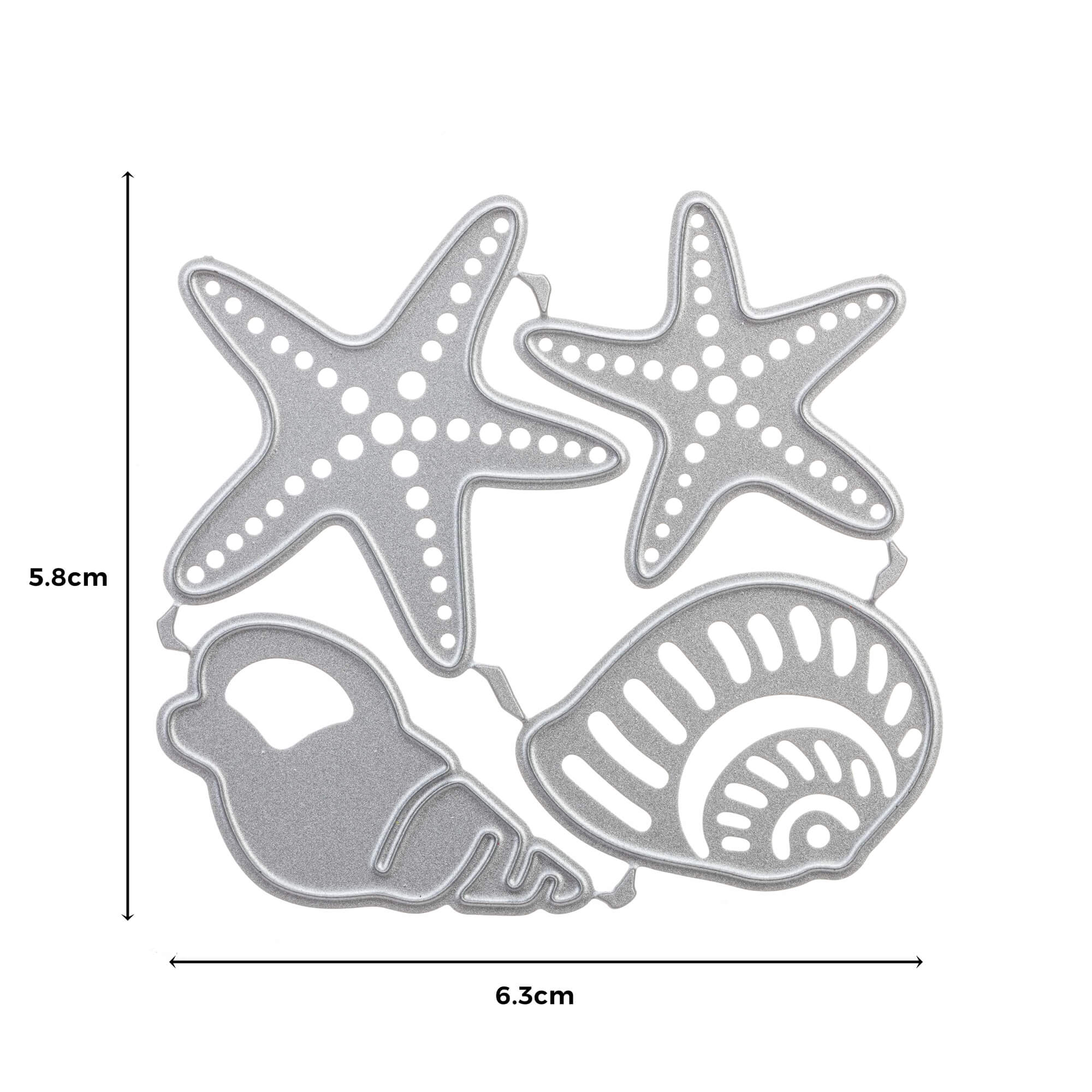 Die Stanzschablone "Zwei Muscheln und zwei Seesterne" von Stanzenshop.de enthält Meeresmotive, jeweils 5,8 cm hoch und 6,3 cm breit - ideal zum Basteln.