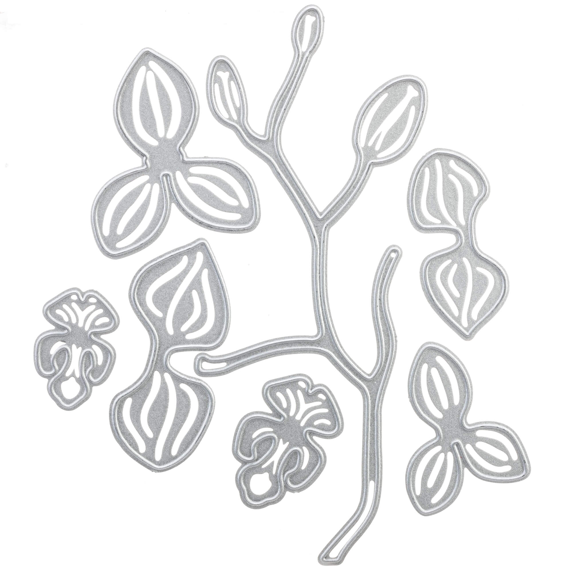 Arrangieren Sie die Stanzschablone Orchidee mit mehreren Blüten von Stanzenshop.de auf einem weißen Hintergrund - ideal zum Basteln, Scrapbooking oder um Ihren kreativen Projekten eine elegante Orchideen-Note zu verleihen.