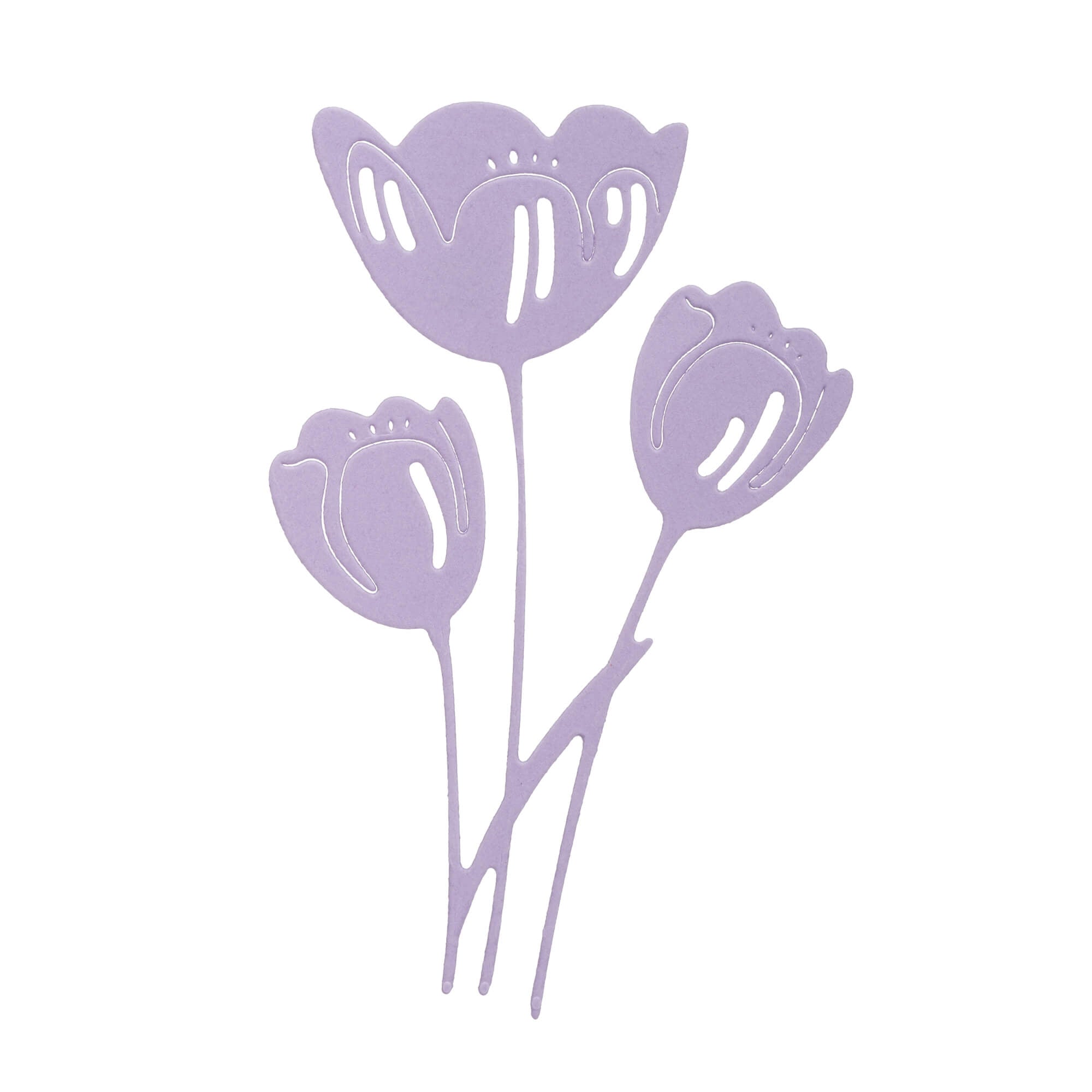 Eine schlichte Illustration von drei lavendelfarbenen Tulpensilhouetten auf weißem Hintergrund - eine ideale Inspiration für Basteln Karten oder die Verwendung der Stanzenshop.de Stanzschablone Drei Tulpen in Ihrem nächsten Bastelprojekt.