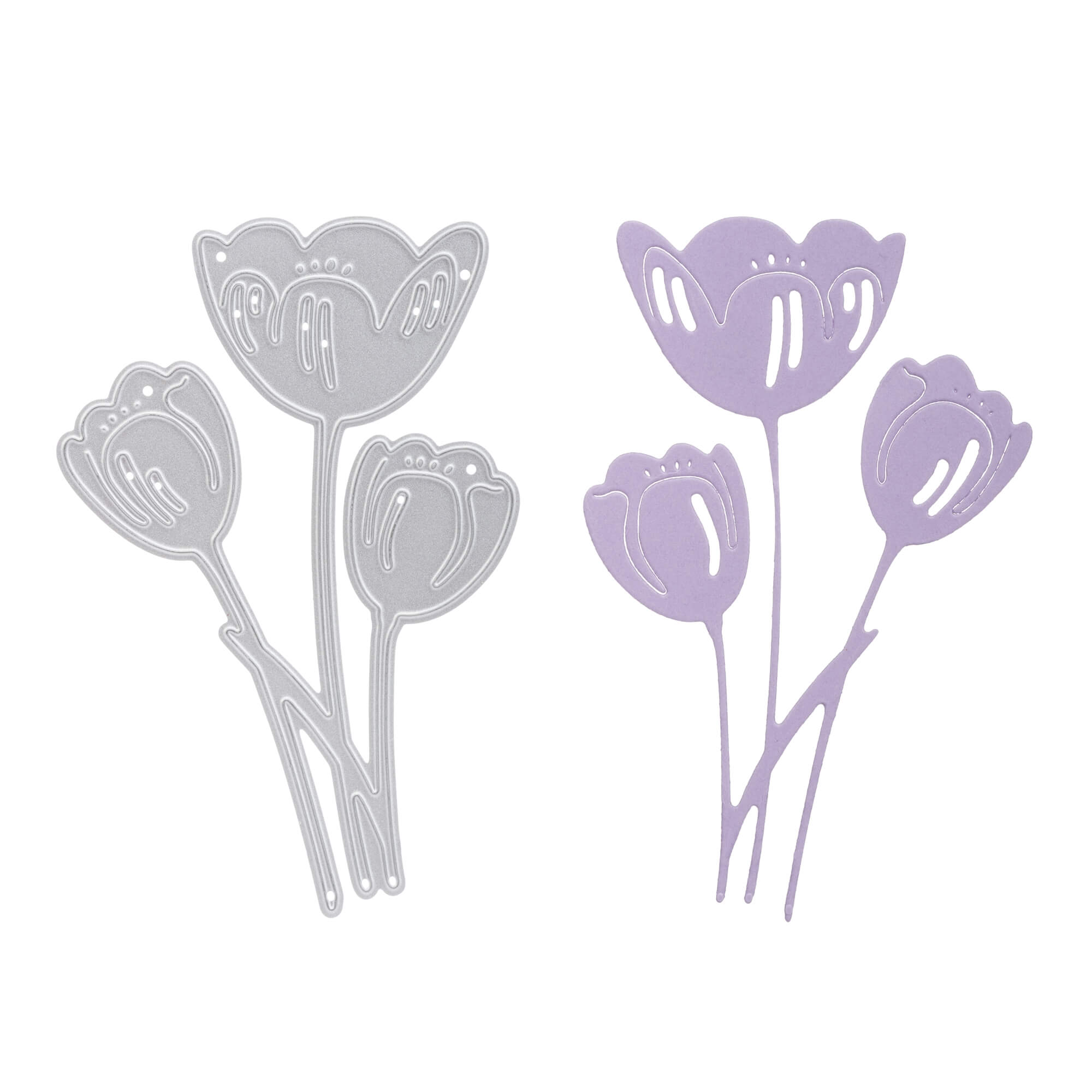 Die Stanzschablone Drei Tulpen von Stanzenshop.de, die wie drei Tulpen geformt ist und sich ideal für Basteln Karten eignet, wird neben einem lila Papierausschnitt gezeigt, der mit dieser Stanzform hergestellt wurde.