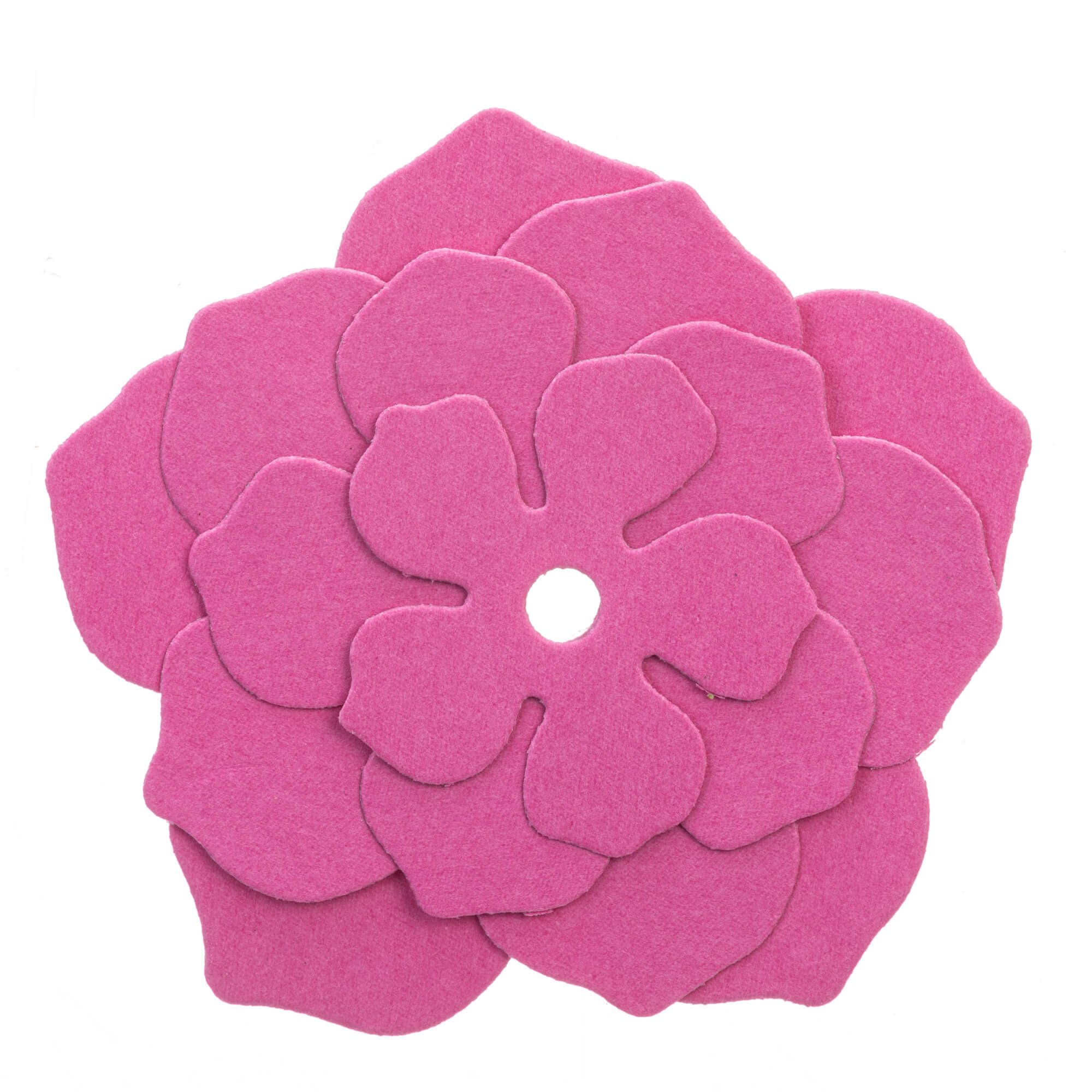 Die Stanzschablone "Blume aus mehreren Einzelteilen" von Stanzenshop.de ist eine flache, geschichtete rosa Filzblume mit Mittelloch, ideal für Scrapbooking oder Bastel Stanzen, abgebildet von oben auf weißem Hintergrund.