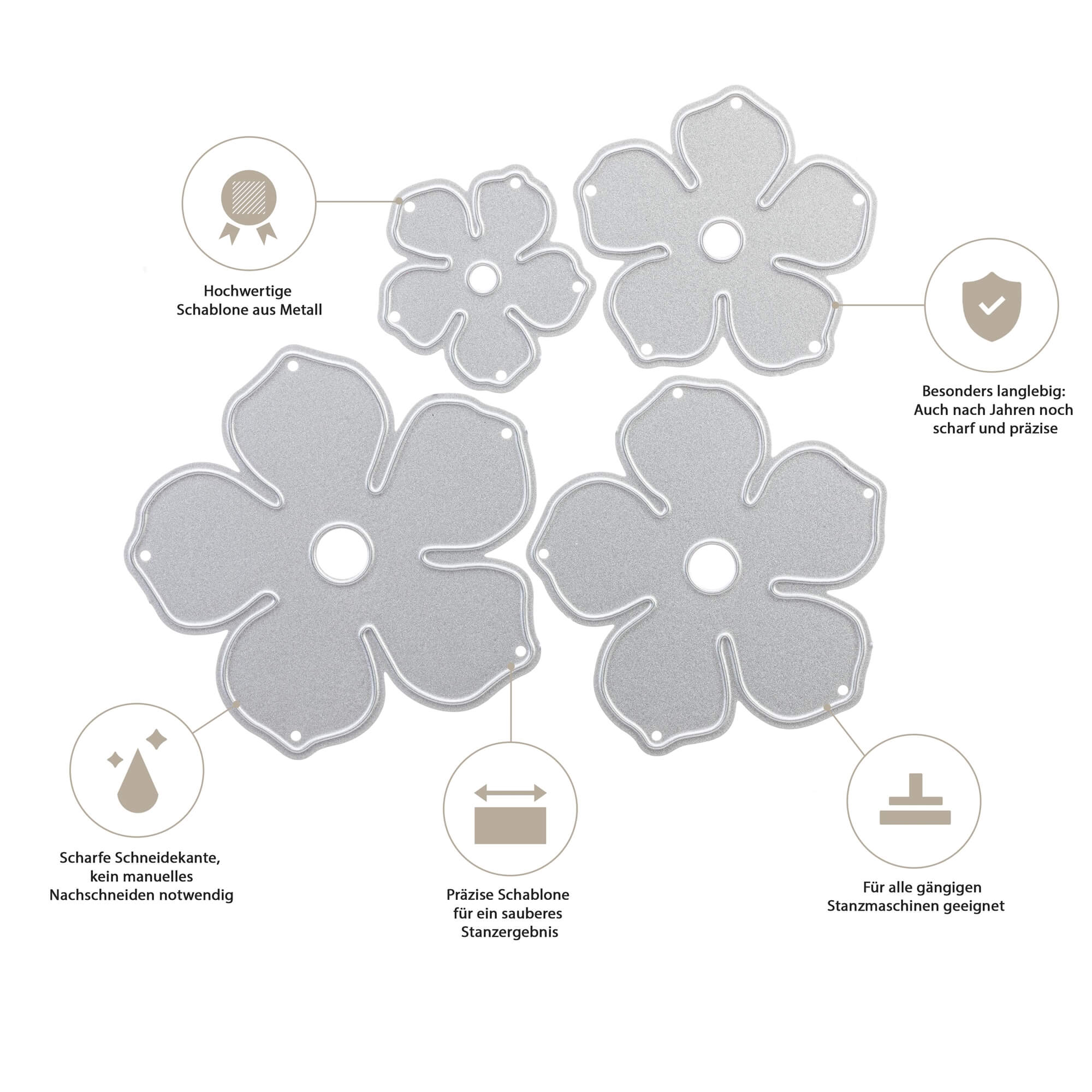 Die Stanzschablone: Blume aus mehreren Einzelteilen von Stanzenshop.de enthält vier Metallic-Blumenstempel, die sich durch Präzision, Haltbarkeit und Schärfe auszeichnen - ideal für Scrapbooking und Bastelprojekte.