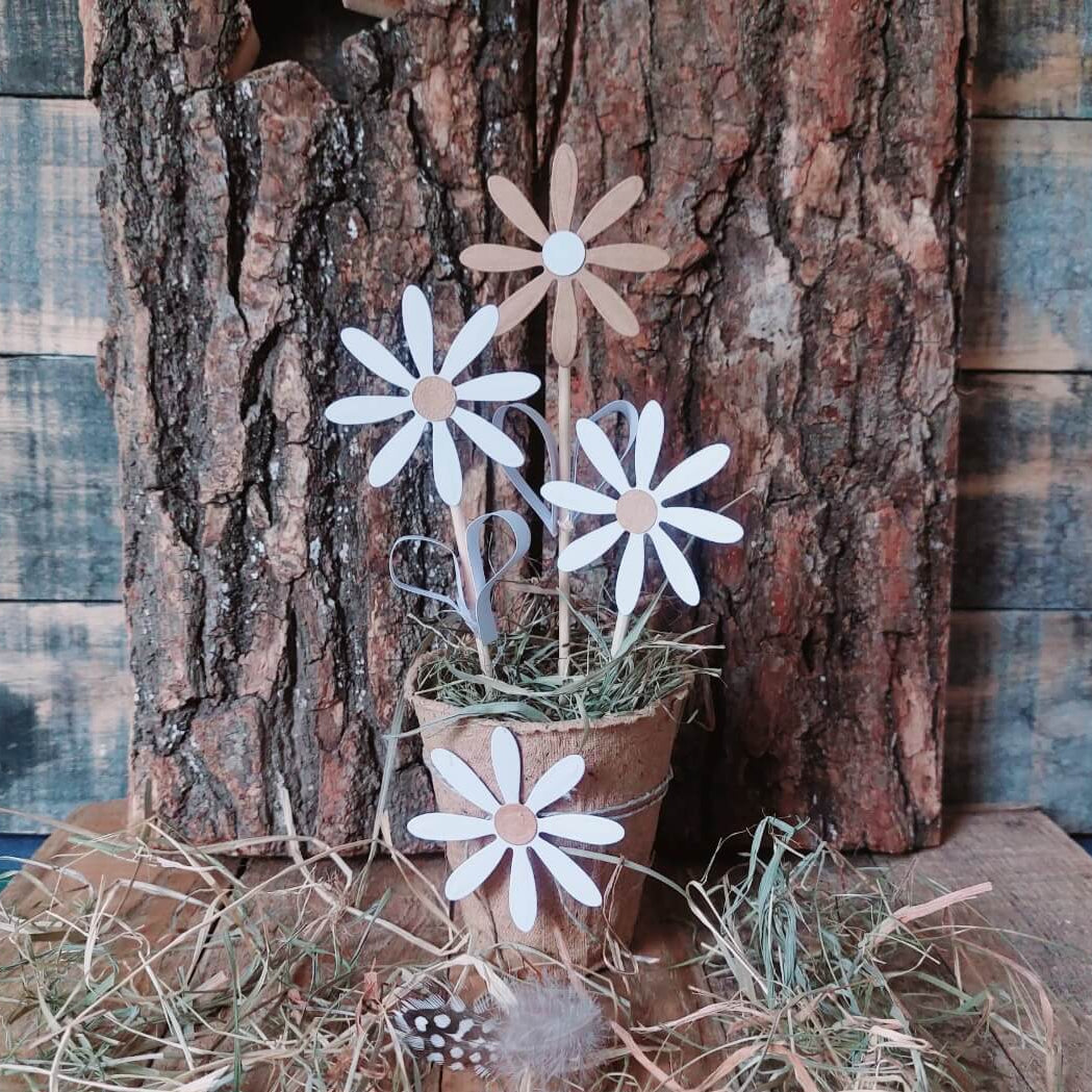 Die Stanzschablone: Blumenblüte von Stanzenshop.de zeigt zarte weiße und beigefarbene Gänseblümchenmotive, ideal zum Basteln oder für Scrapbooking-Projekte. Ausgestellt mit Heu auf Holzrinde für einen rustikalen Touch.