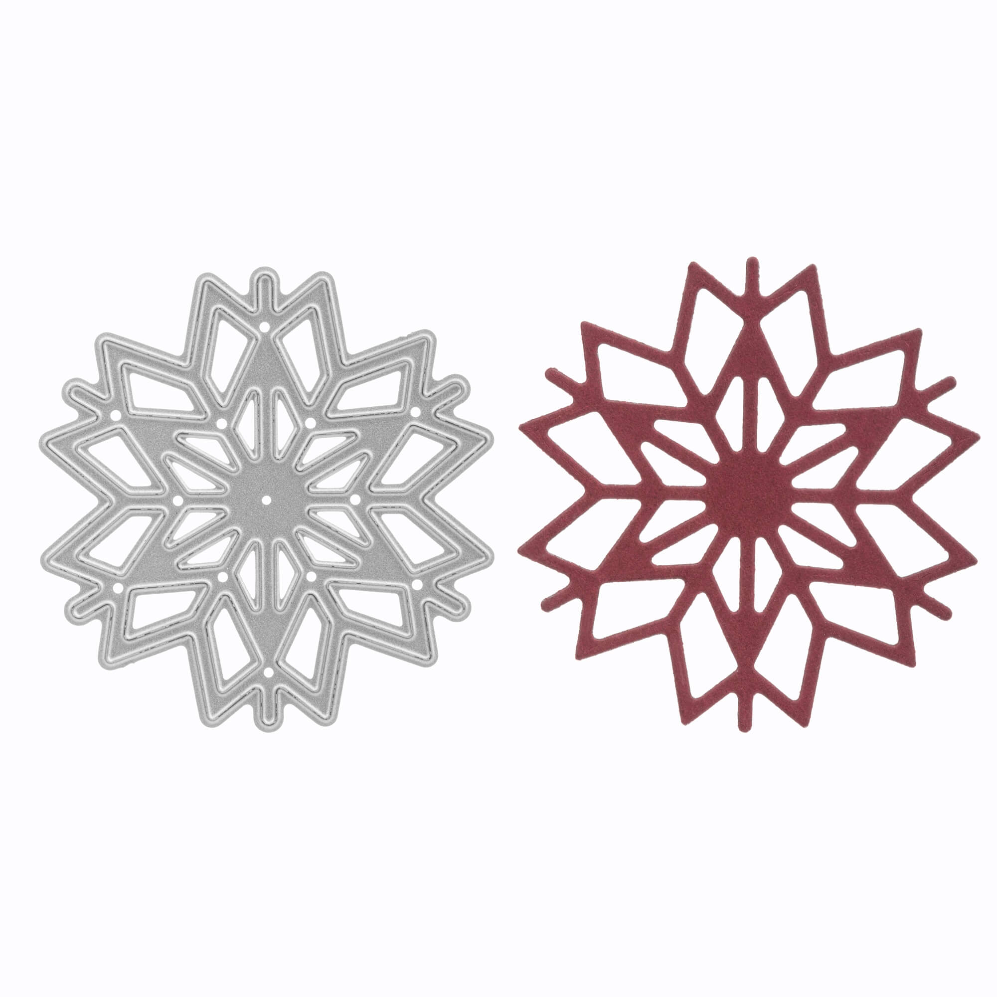 Zwei geometrische Schneeflockenformen, in Silber und Rot, aus der Stanzschablone: Schneekristall von Stanzenshop.de, die nebeneinander auf weißem Hintergrund abgebildet sind - ideal für Weihnachtsstanzen und winterliches Basteln.