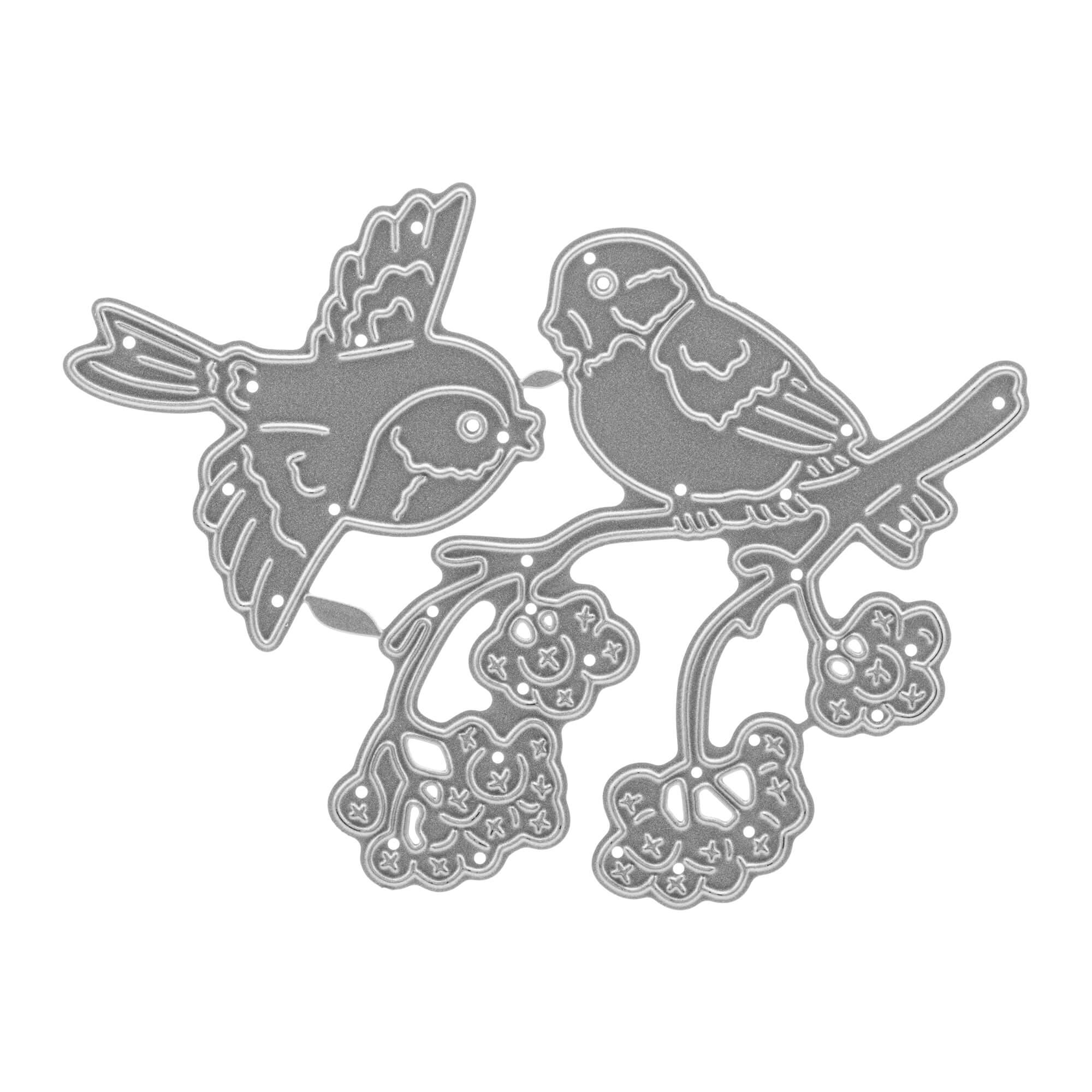Die Stanzschablone Zwei Vögel mit einem Ast von Stanzenshop.de zeigt zwei filigrane Vögel auf einem blumigen Ast - ideal zum Scrapbooking & Basteln. Feine Details an Flügeln, Körpern und Blüten für kreative Projekte.