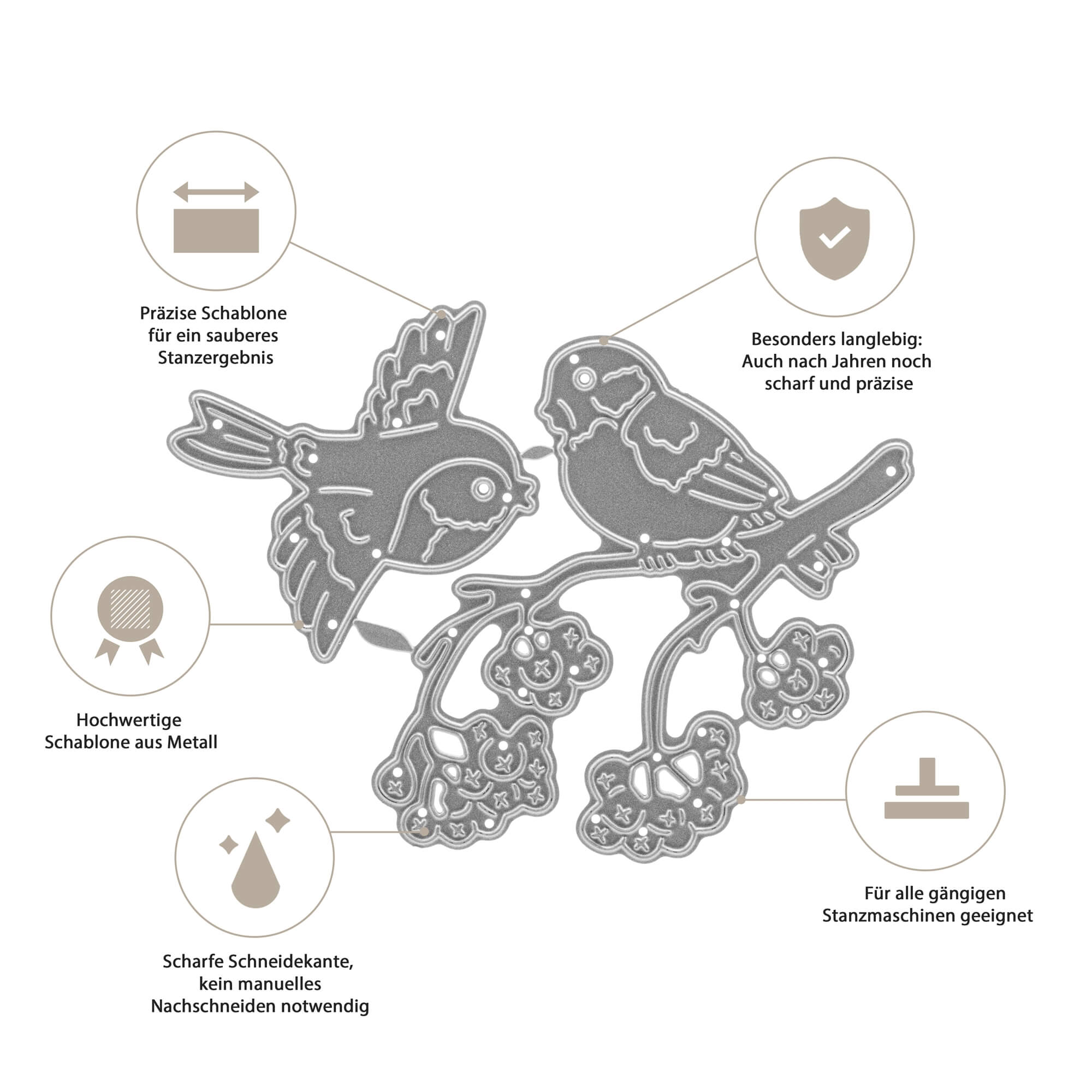 Die Stanzschablone Zwei Vögel mit einem Ast von Stanzenshop.de ist eine gestanzte Metallschablone, die zwei Vögel auf einem Ast mit Beeren zeigt, ideal zum Basteln und Scrapbooking. Deutscher Text und Icons heben die Eigenschaften hervor.