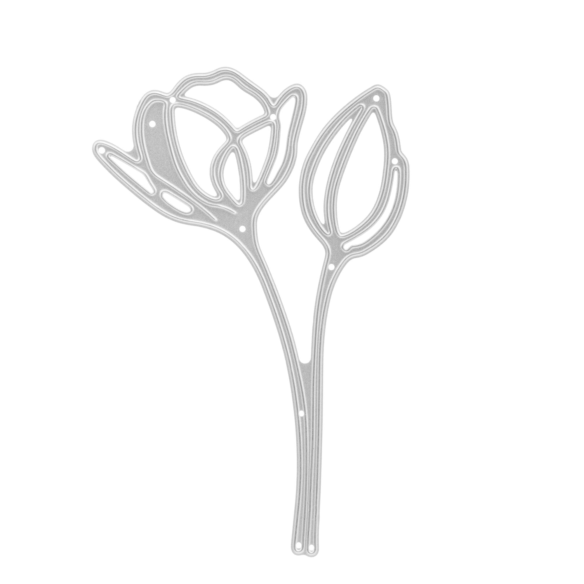 Stanzenshop.de Stanzschablone Blume mit zwei Blüten zeigt zwei stilisierte Blumenstiele mit offener und geschlossener Blüte als feine, metallische Kontur-ideal für Basteln, Karten und kompatibel mit Big Shot.
