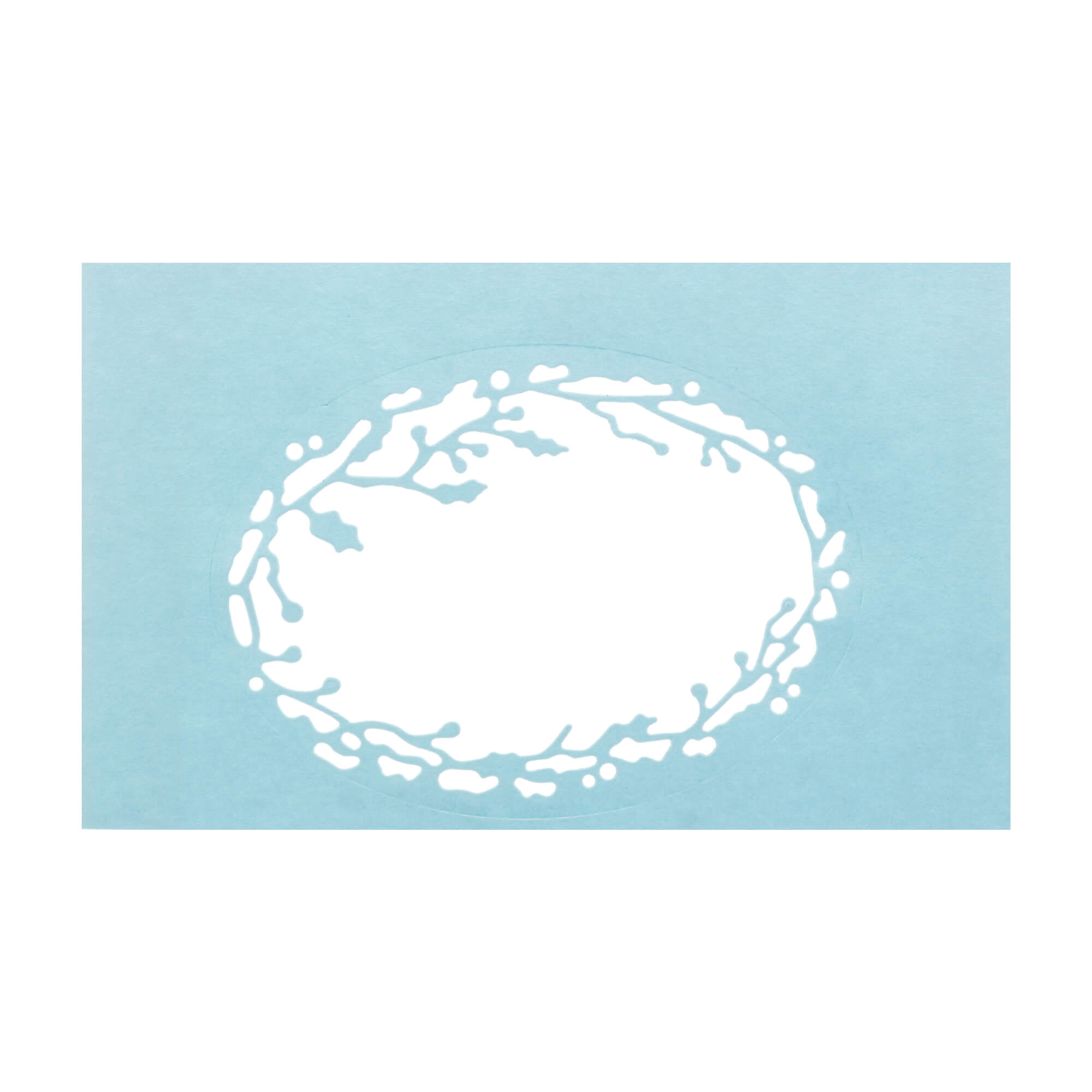 Eine hellblaue Karte mit einem weißen ovalen Ausschnitt, umrandet von zarten Ästen und Blättern - ideal für Scrapbooking oder Basteln mit der Stanzschablone: Kreis mit Ranken von Stanzenshop.de.