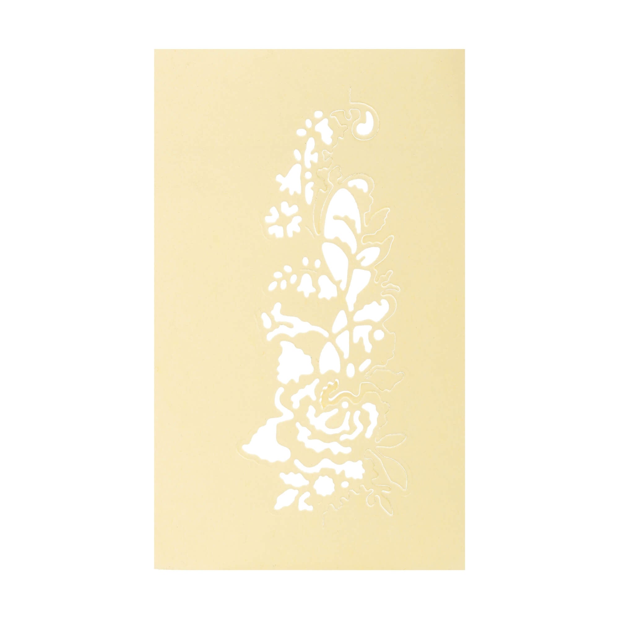 Die "Stanzschablone: Blüte als Rand" von Stanzenshop.de ist eine beige Karte mit einem vertikalen Blumenausschnitt auf der linken Seite, der Blüten- und Blattformen zeigt - ideal für Scrapbooking oder Karten basteln.