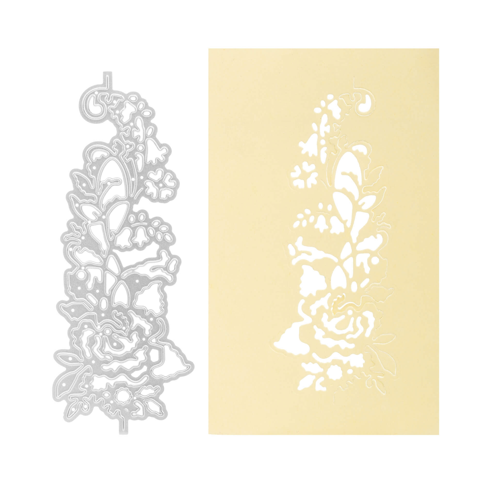 Die Stanzenschablone: Blüte als Rand von Stanzenshop.de und der dazu passende Ausschnitt auf beigem Papier sind mit einer filigranen Blumenbordüre versehen - ideal für Scrapbooking- und Kartenprojekte.