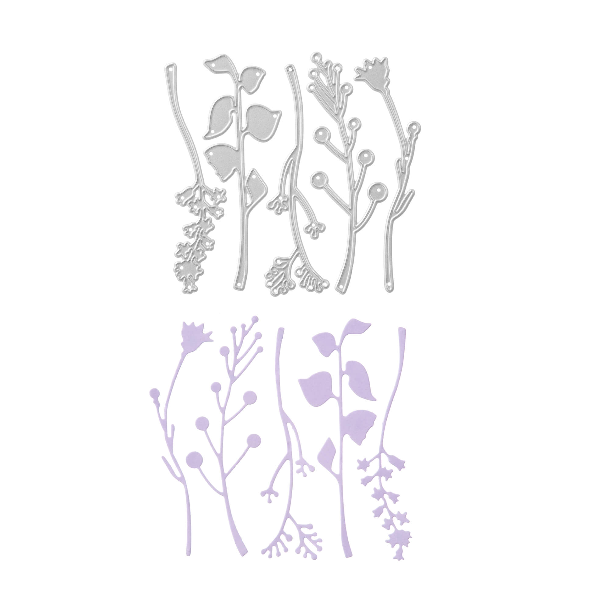 Die Stanzschablone Fünf verschiedene Äste von Stanzenshop.de enthält Metallstempel in Form von botanischen Stängeln, hier passend zu den lila Ausschnitten - ideal für Basteln oder Scrapbooking-Projekte.