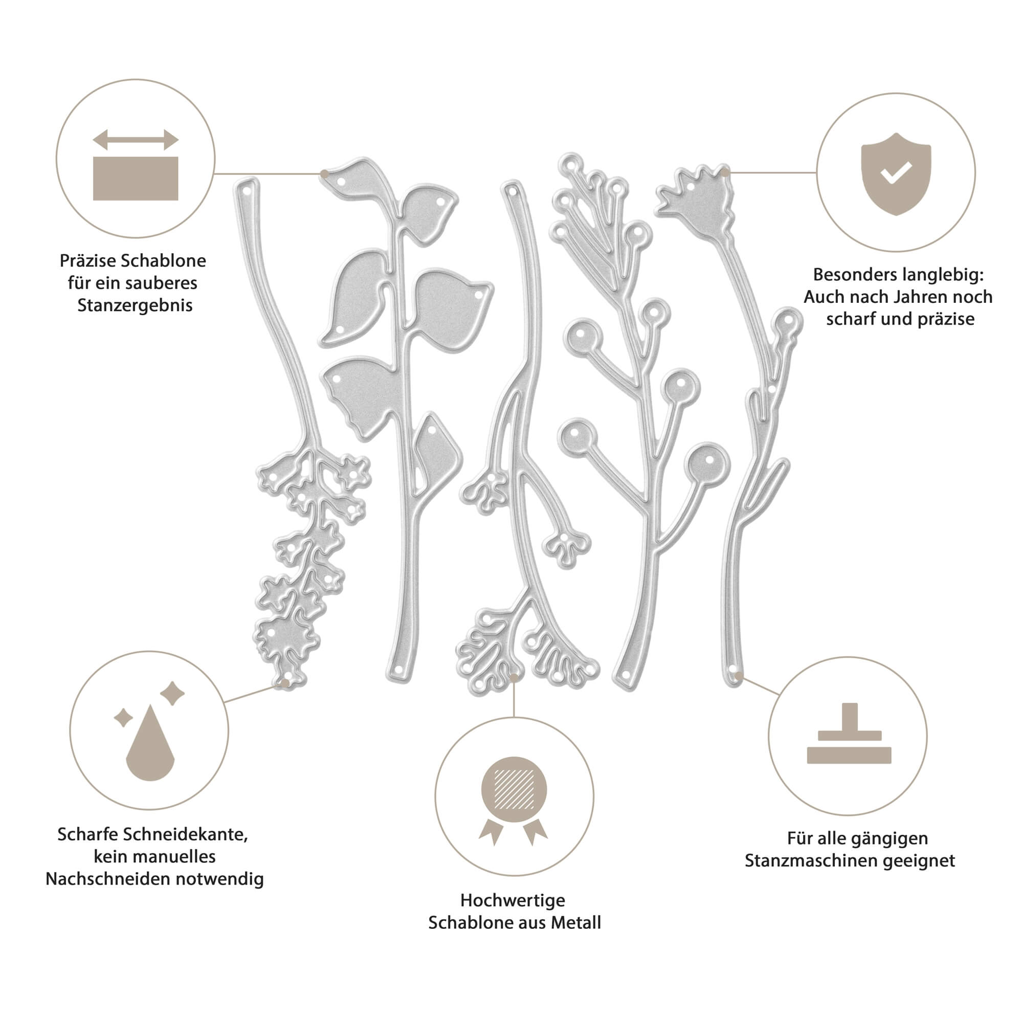 Die "Stanzschablone Fünf verschiedene Äste" von Stanzenshop.de enthält fünf Metallschablonen in Astform mit deutschen Beschriftungen und Icons-ideal zum Scrapbooking und Basteln.