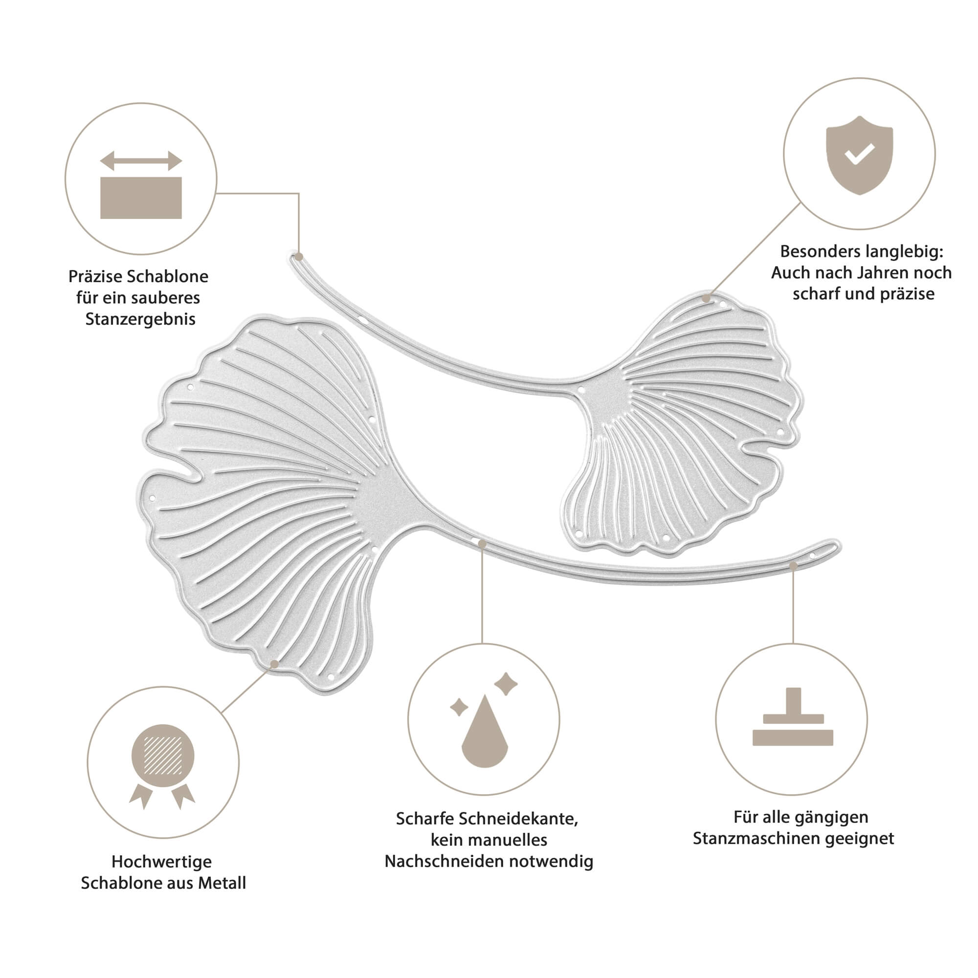 Abgebildet sind zwei "Stanzschablone Zwei Ginkgoblätter" von Stanzenshop.de - gefertigt aus hochwertigem Metall für Präzision, Langlebigkeit und scharfe Schnitte - ideal für Scrapbooking und Basteln mit gängigen Stanzmaschinen.