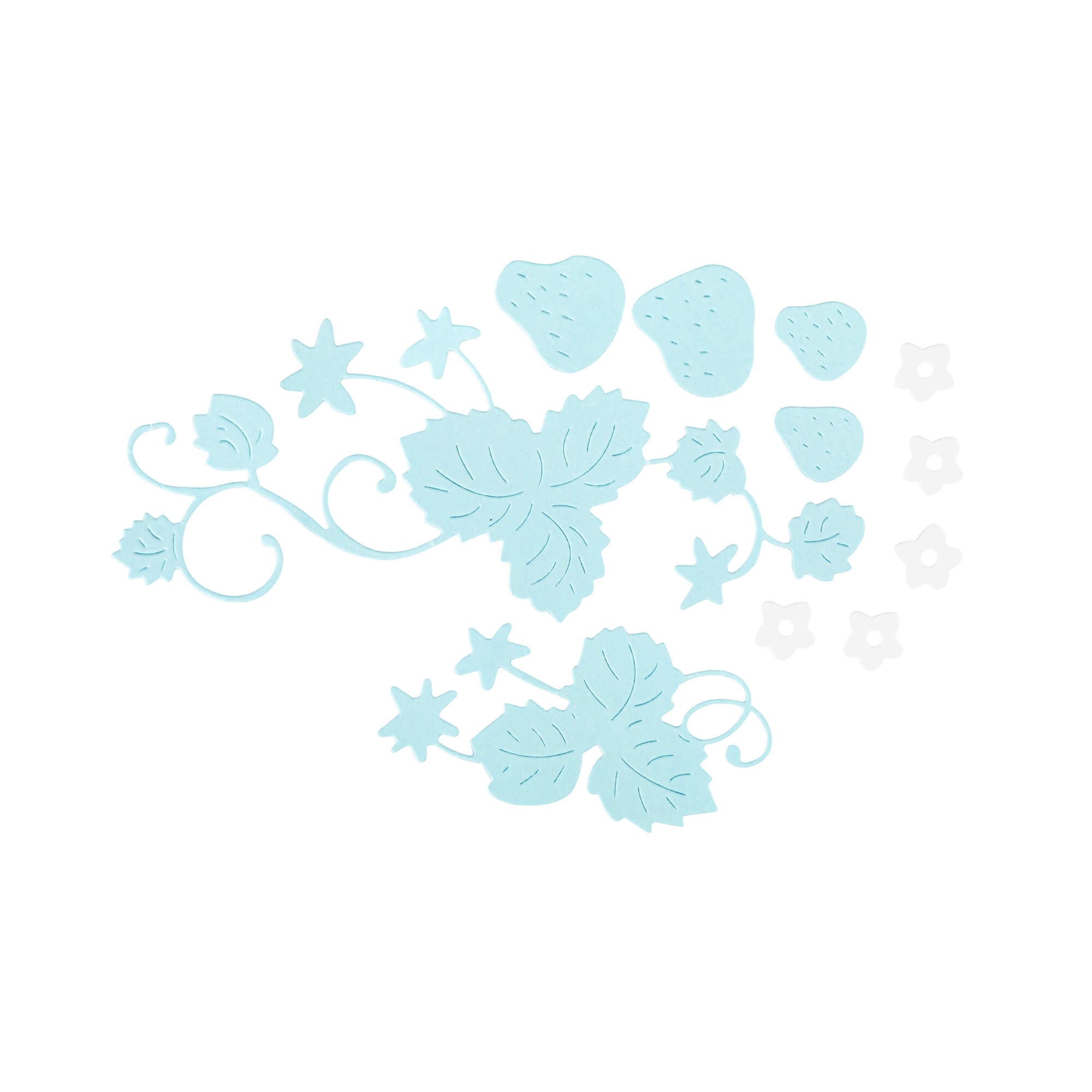 Hellblaue Blatt-, Erdbeer- und Rankenausschnitte aus der Stanzschablone Erdbeeren von Stanzenshop.de sowie kleine weiße Blumenausschnitte sind kunstvoll auf weißem Hintergrund arrangiert - perfekt für Bastelprojekte.