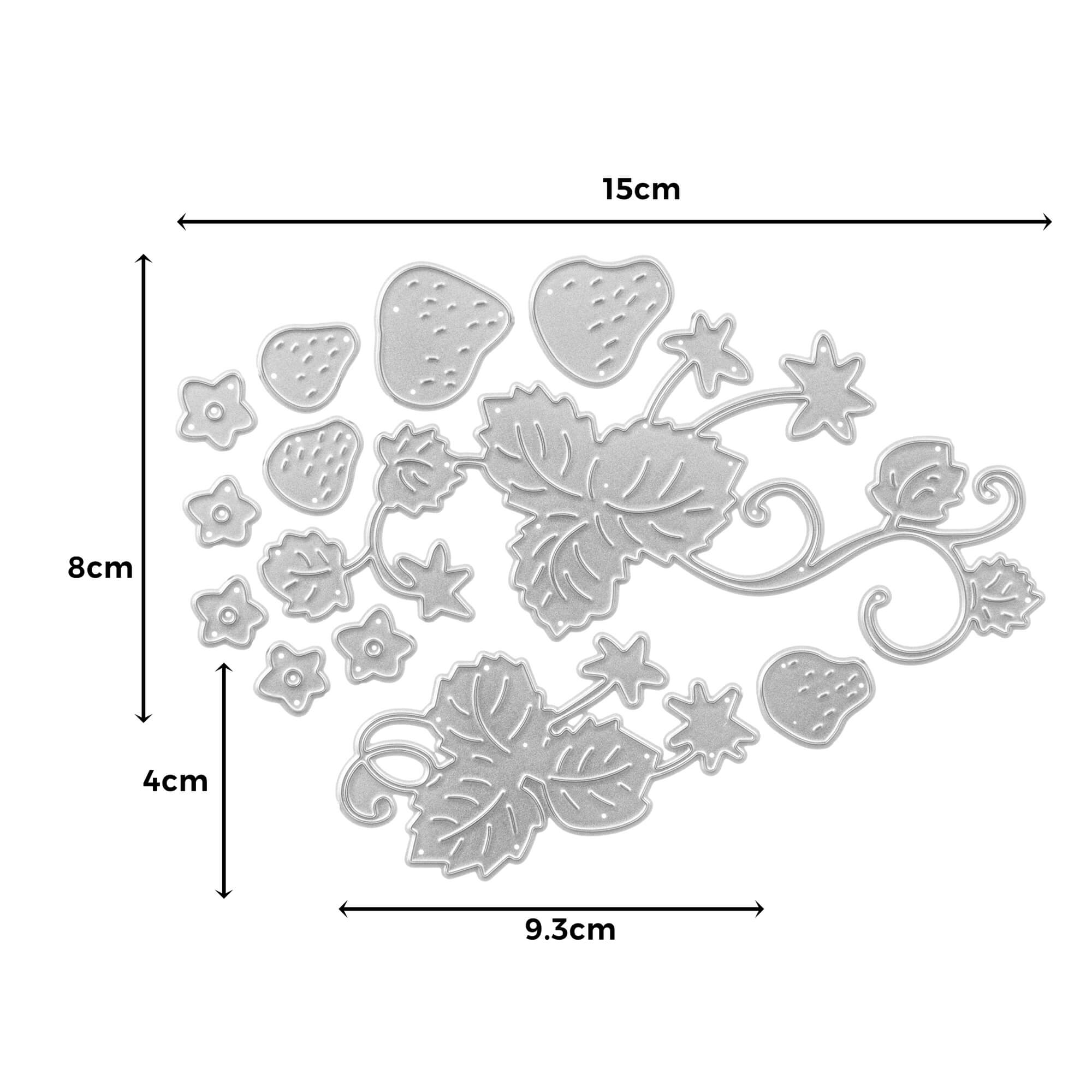 Die Stanzschablone Erdbeeren von Stanzenshop.de bietet Erdbeerfrüchte, Blüten und Blätter in den Größen 15x8 cm und 4x9,3 cm - perfekt für Bastelprojekte.