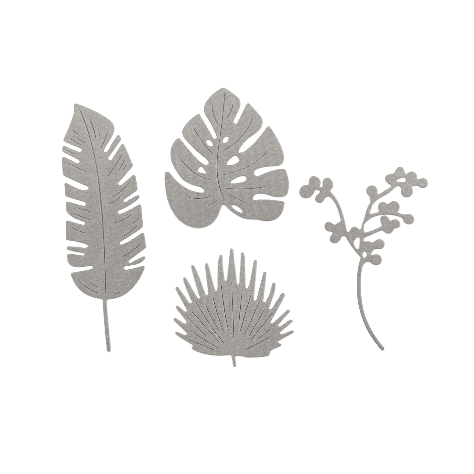 Die Stanzschablone Grünpflanzen von Stanzenshop.de bietet vier graue, flache botanische Ausschnitte - ein Federblatt, eine Monstera, ein Palmenblatt und einen Beerenzweig - perfekt für Basteln oder Scrapbooking-Projekte.