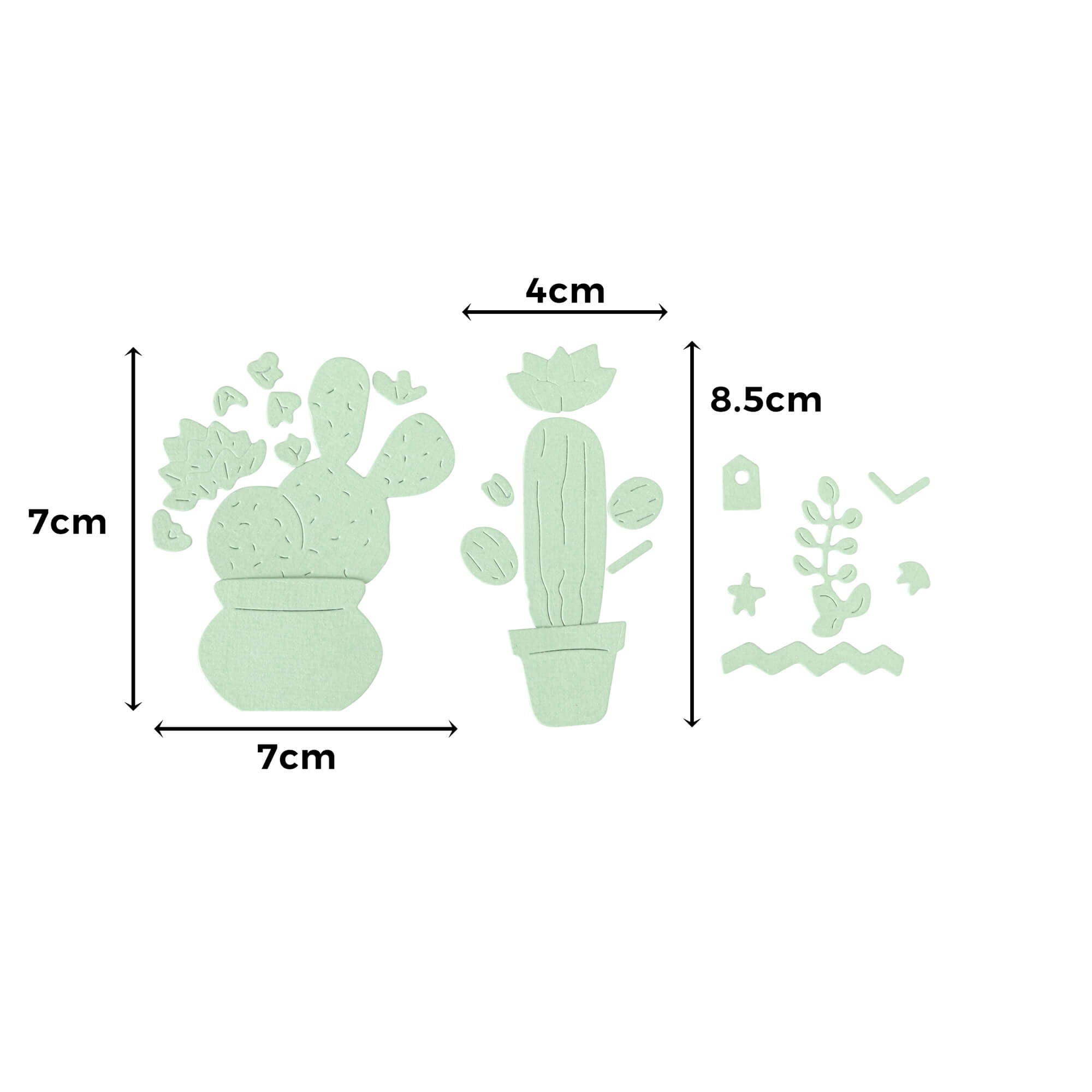 Das Bild zeigt das Stanzschablone Kakteenset von Stanzenshop.de, bestehend aus grünen Kaktusausschnitten in den Größen 7x7 cm und 4x8,5 cm sowie kleinen Verzierungen - ideal für Scrapbooking oder als Kakteen Stanzschablone auf weißem Hintergrund.