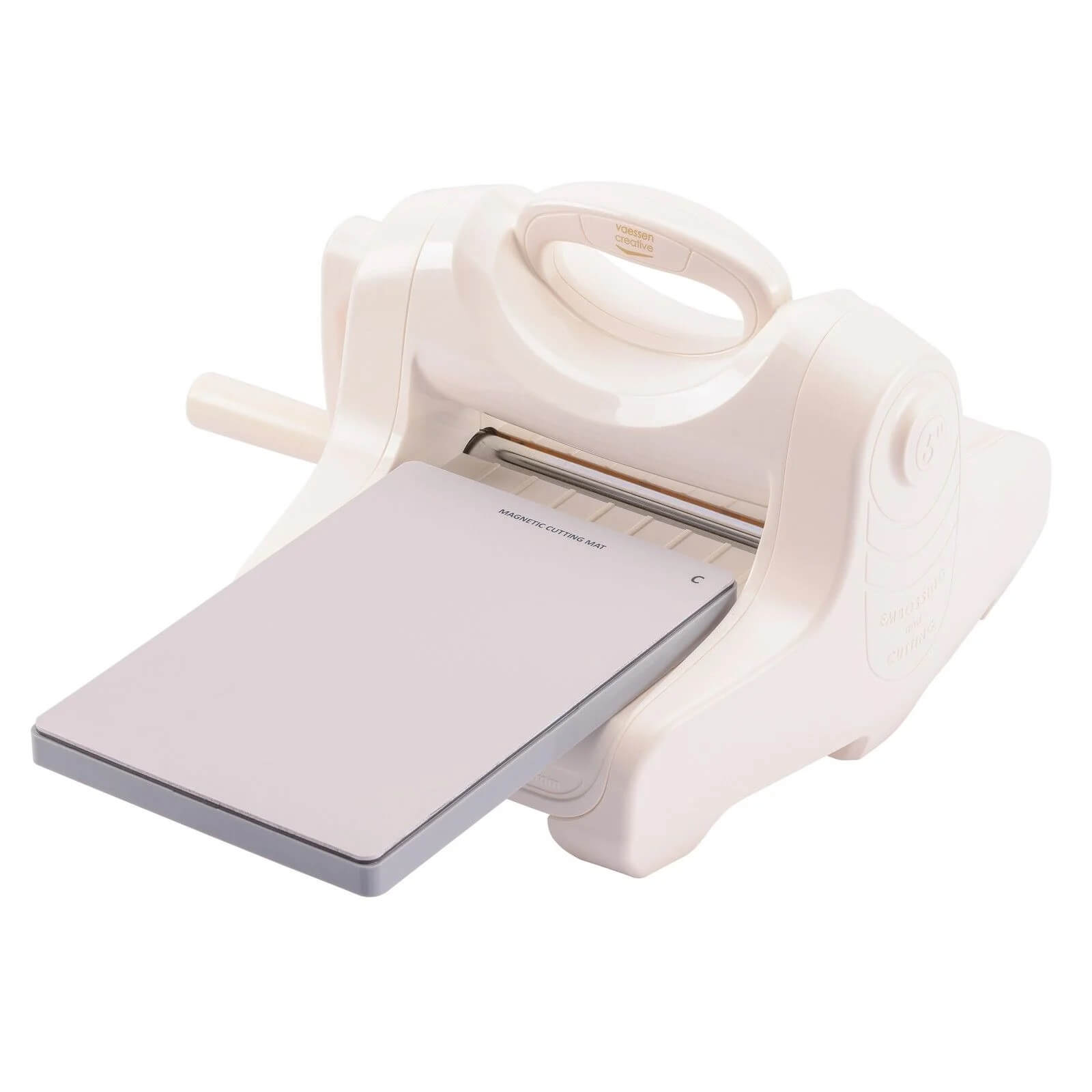 Abgebildet ist eine weiße Vaessen Creative - Cut Easy Magnetische Schneidplatte © von Vaessen Creative mit einem Griff und der flachen magnetischen Schneidplatte, die teilweise in das Gerät eingesetzt ist.